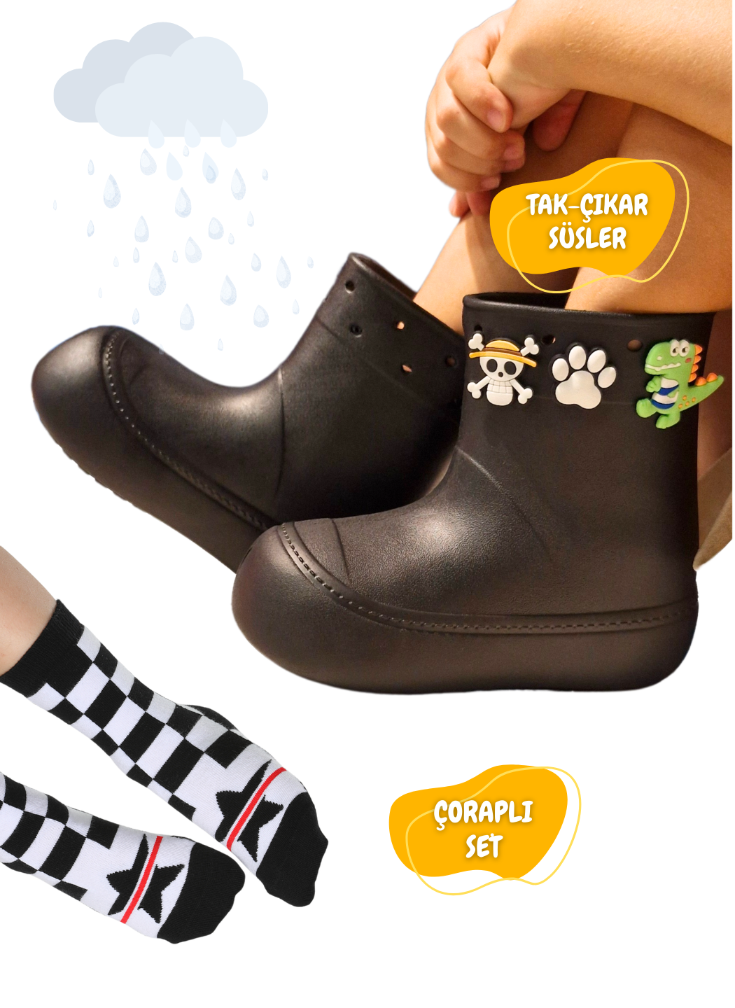Siyah Yağmur Botu + Süper Star Çoraplı Set