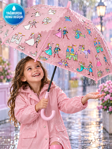 Castle Pembe Yağmurda Rengarenk Kız Çocuk Şemsiye