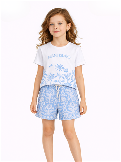 Çiçek Baskılı Mavi Şort & T-shirt Takım