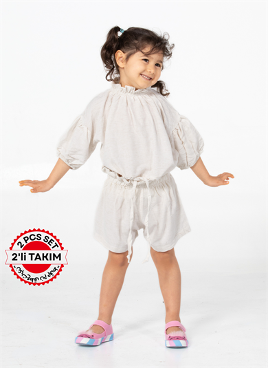 Ekru Keten Kız Şort + Tunik Takım
