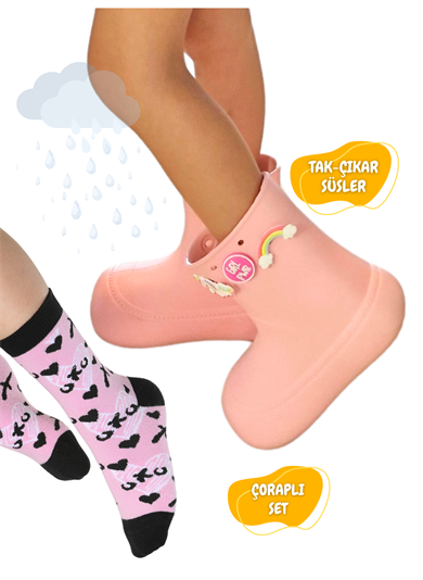 Pudra Yağmur Botu + Xo Çoraplı Set