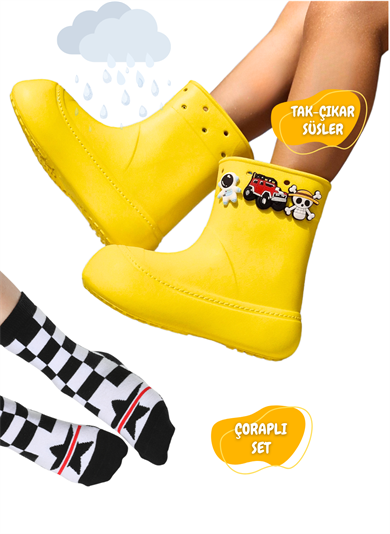 Sarı Yağmur Botu + Giraffe Çoraplı Set