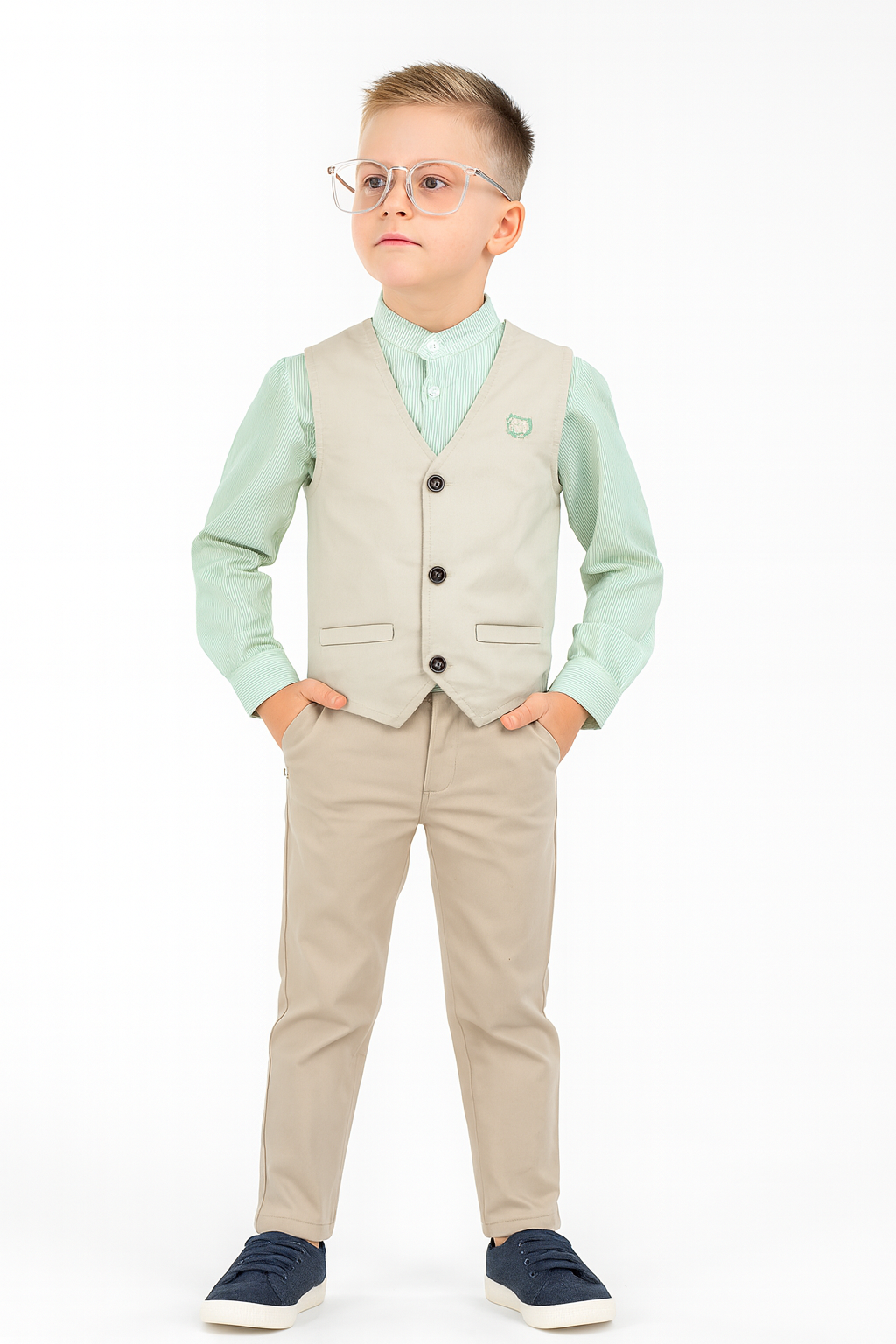 3'lü Set Erkek Çocuk Gabardin Yelek & Pantolon & Dokuma Gömlek