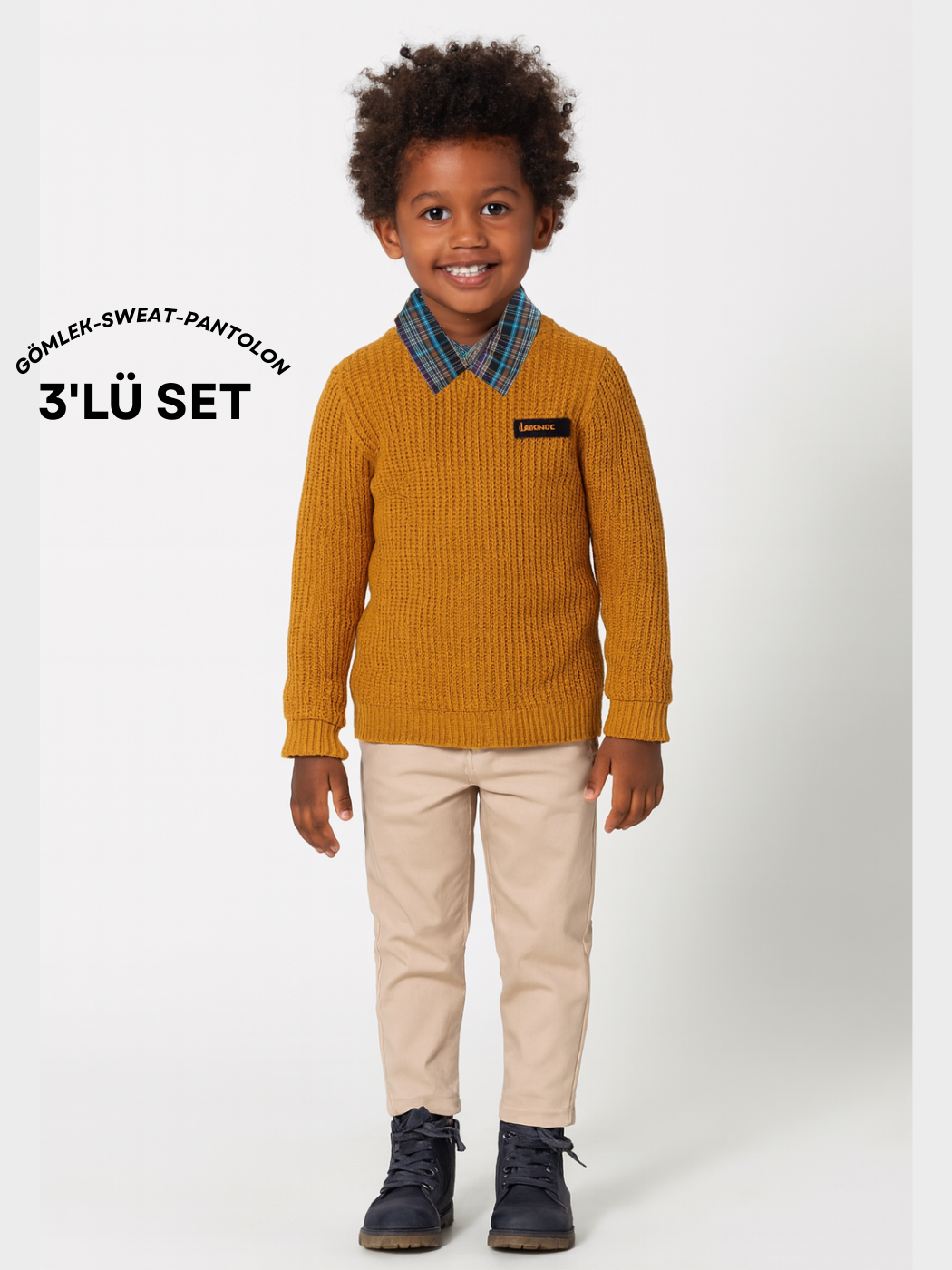 3'lü Set Hardal Triko Sweat & Pantolon & Gömlek Erkek Çocuk Takım