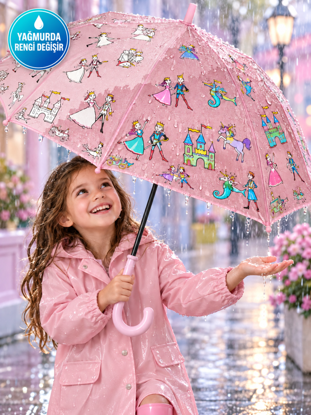 Castle Pembe Yağmurda Rengarenk Kız Çocuk Şemsiye