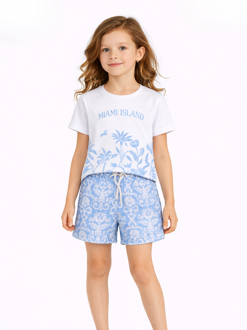Çiçek Baskılı Mavi Şort & T-shirt Takım
