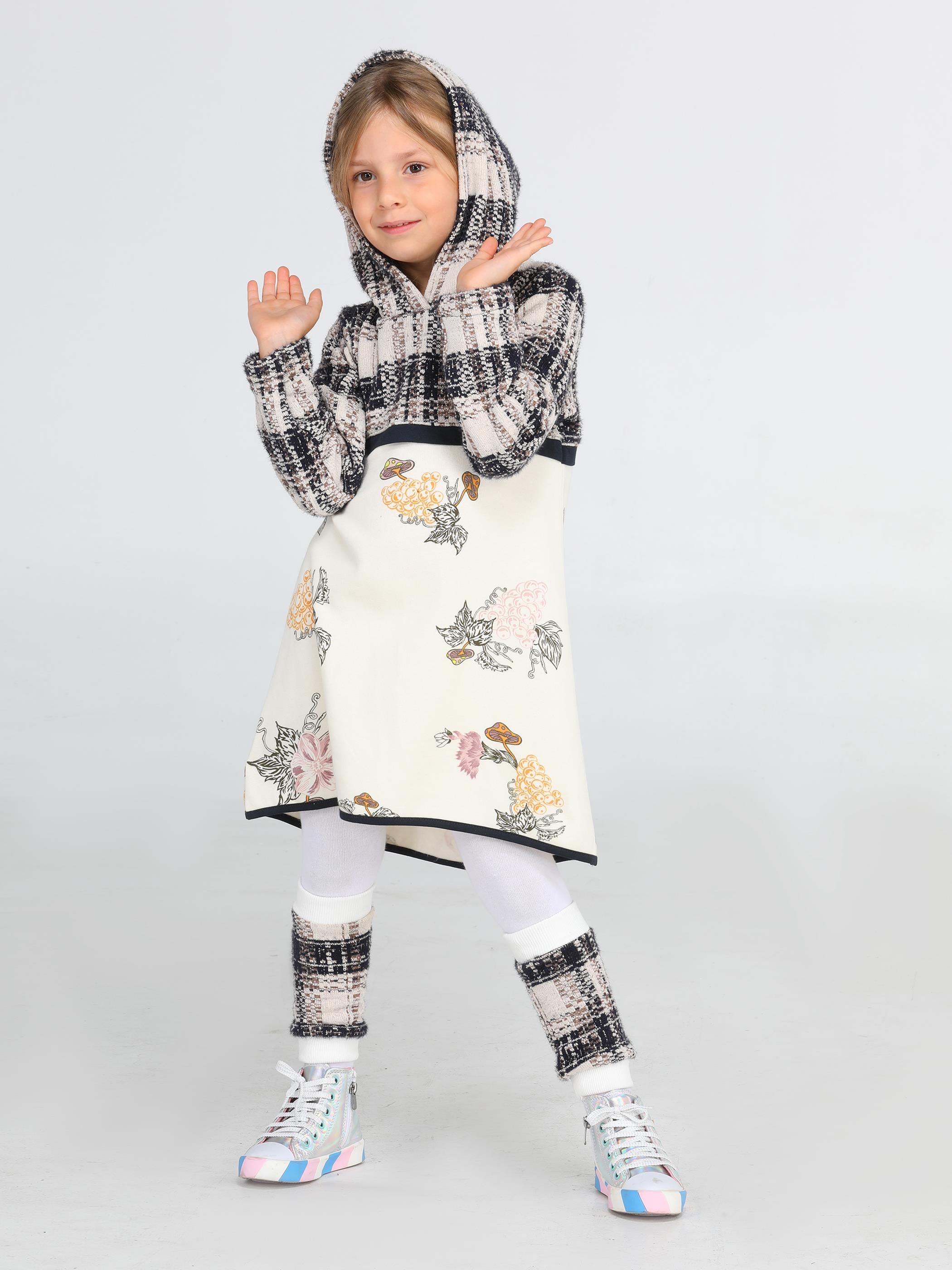 Ekose Baskılı Hoodie Kız Elbise + Tozluk Takım