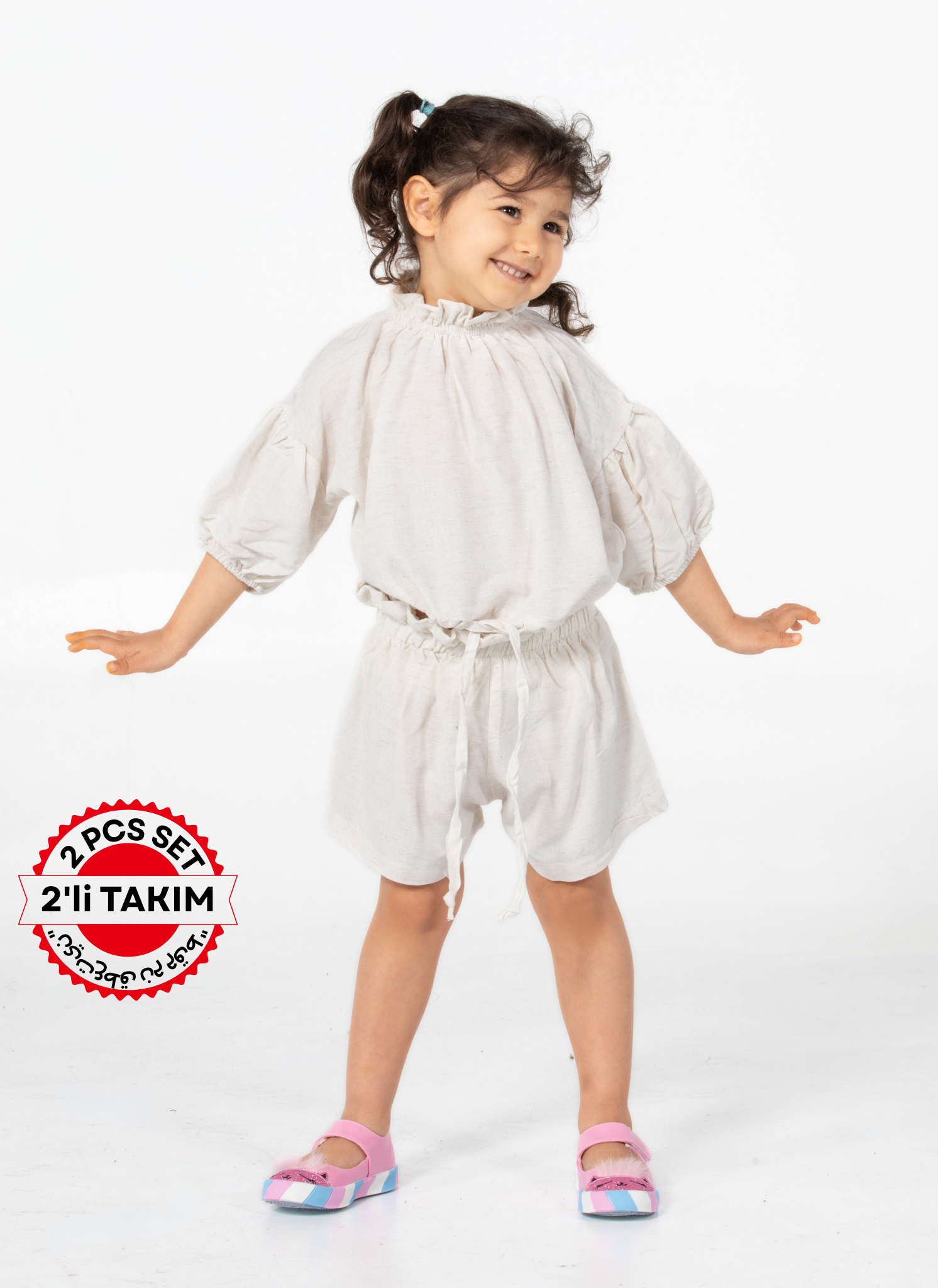 Ekru Keten Kız Şort + Tunik Takım