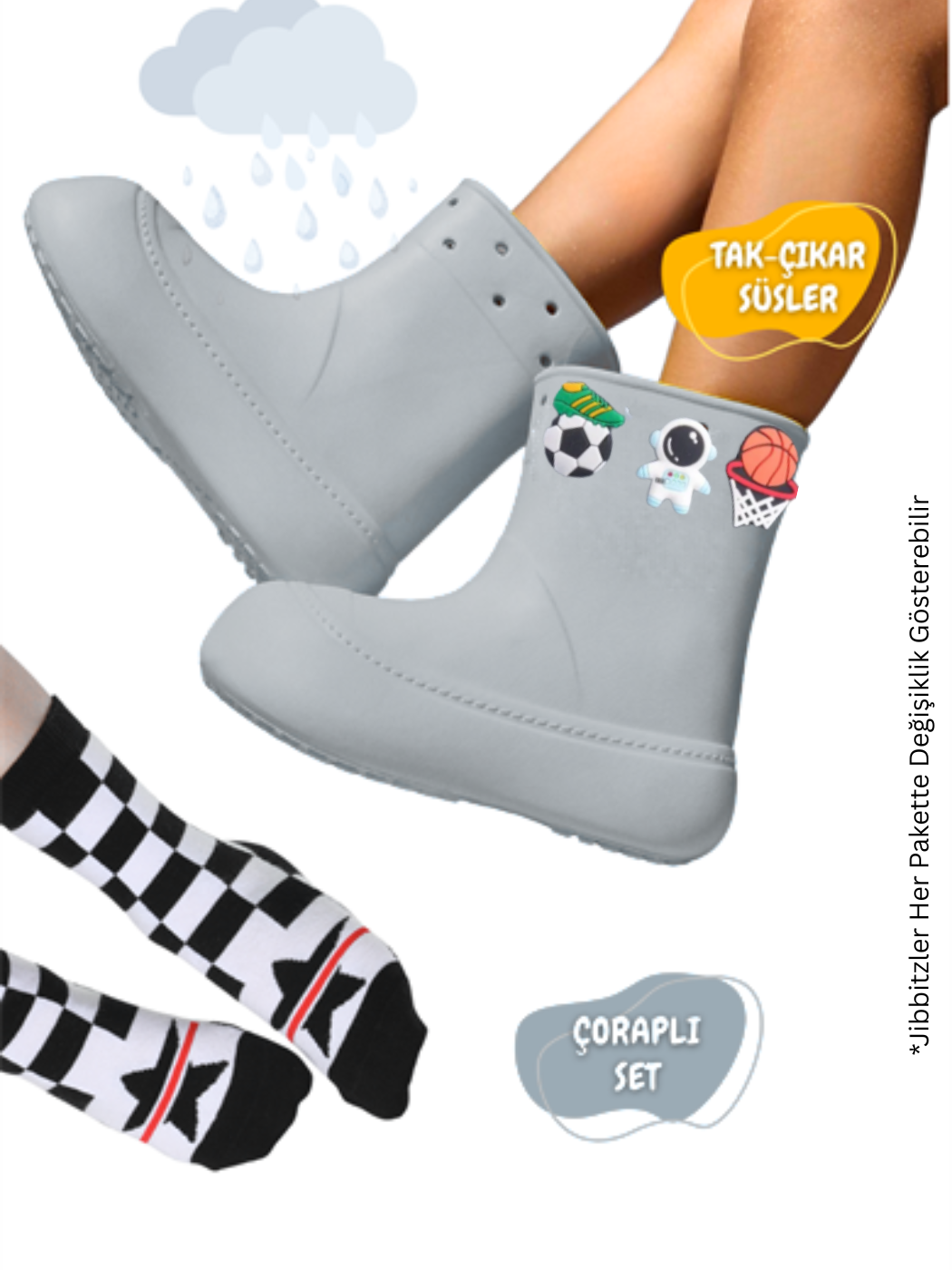 Gri Erkek Çocuk Yağmur Botu & Çorap Set