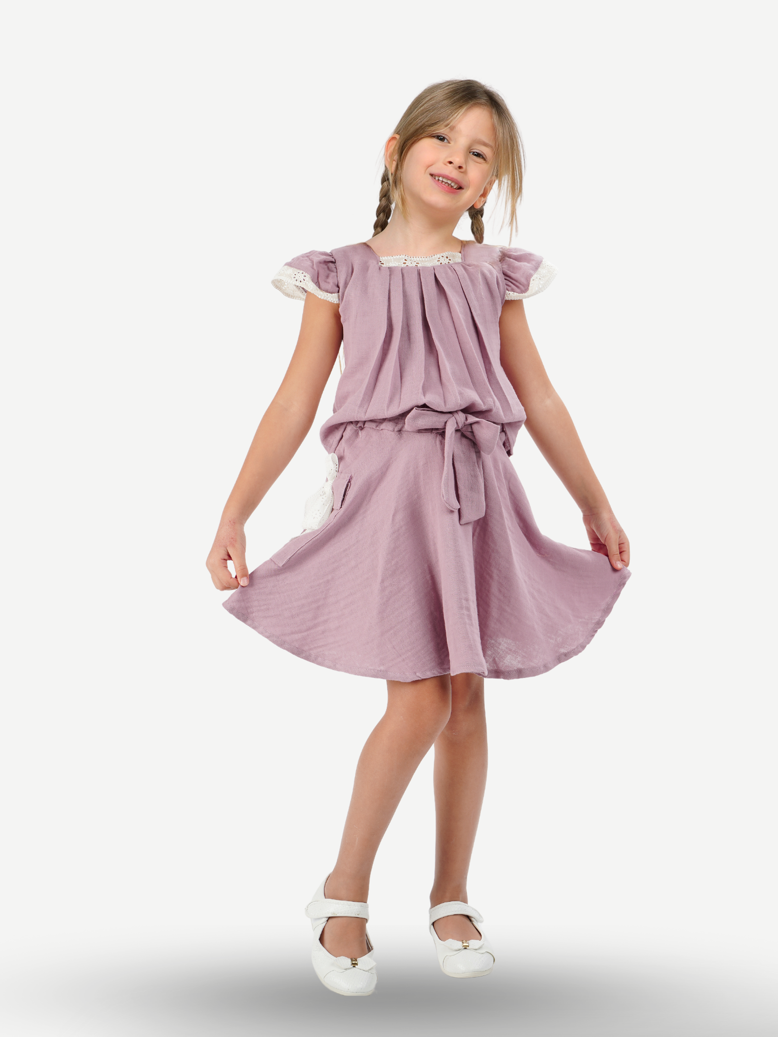 Lila Muslin Dantelli Kız Çocuk Tunik + Etekli Takım
