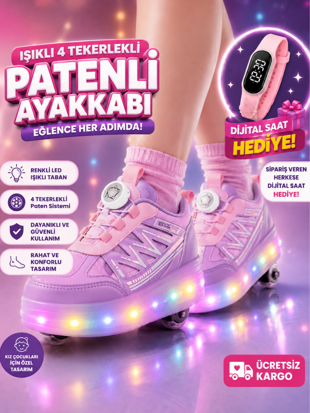 Patenli Kız Çocuk Ayakkabı PEMBE - LİLA Tak Çıkar Tekerlek