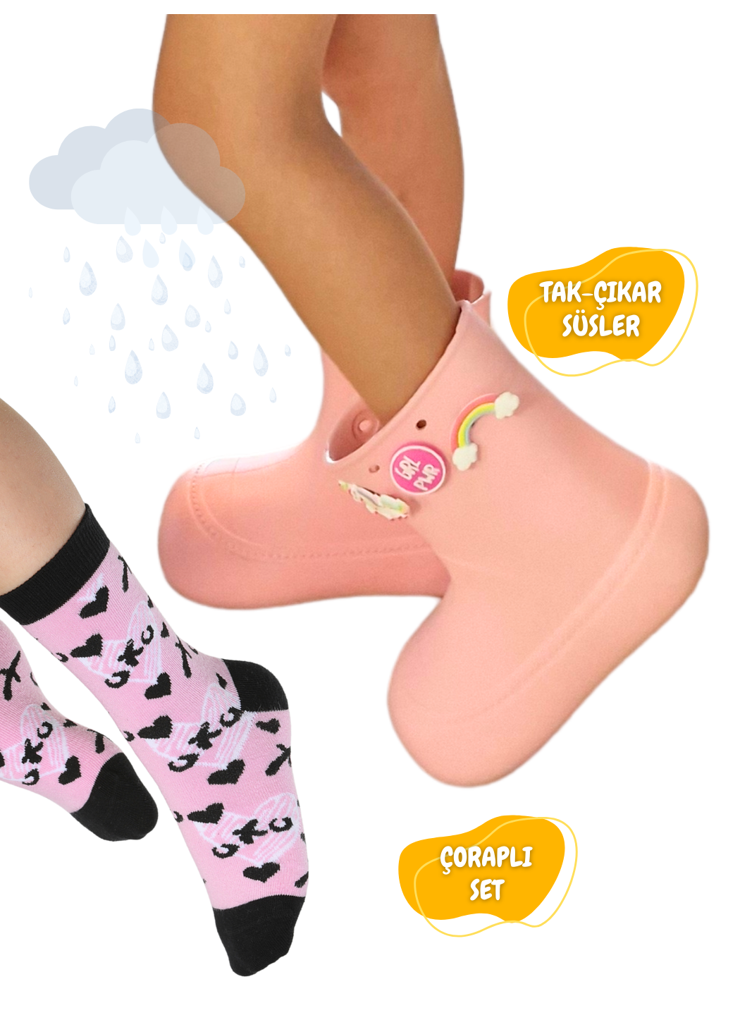 Pudra Yağmur Botu + Xo Çoraplı Set