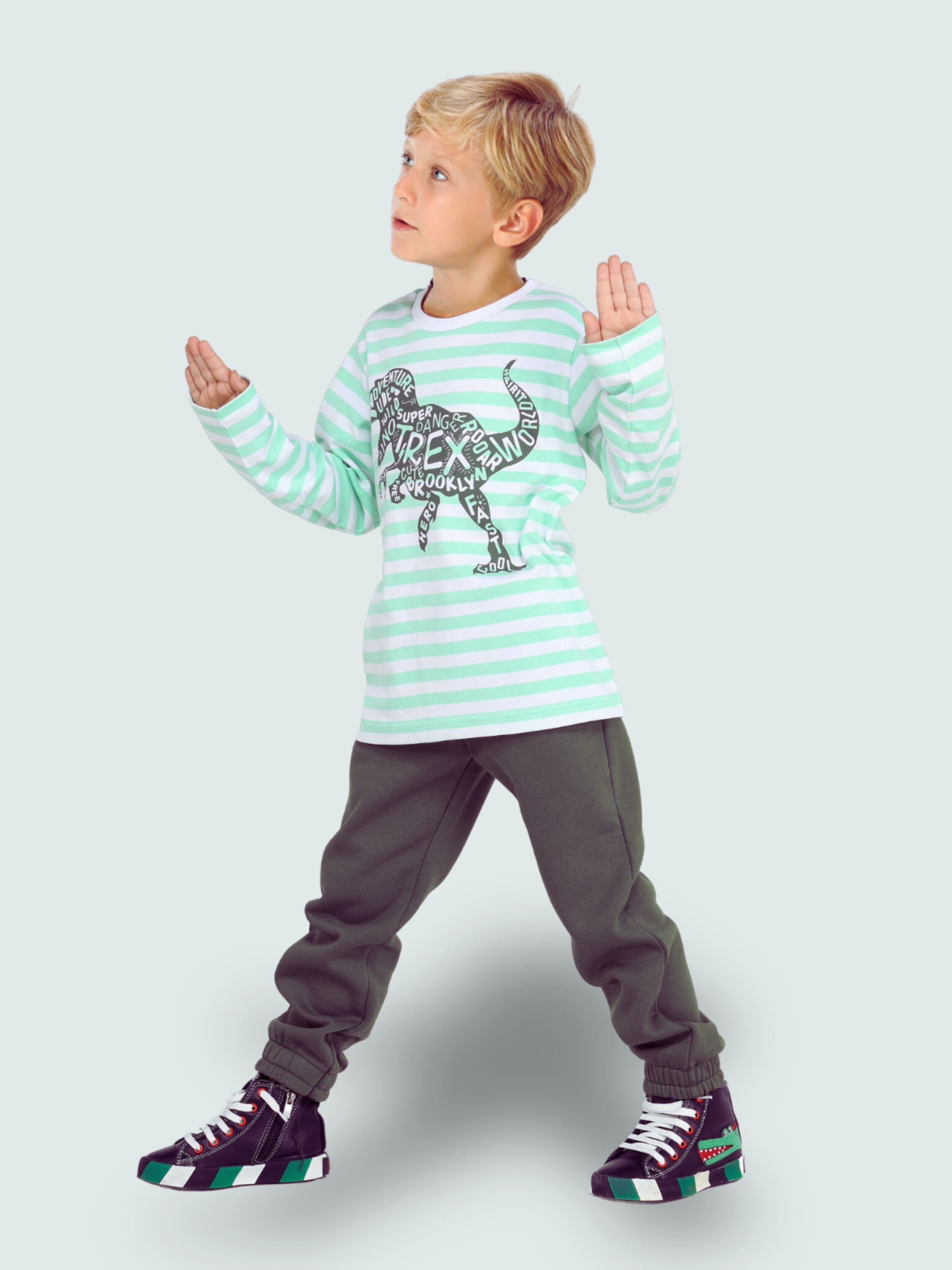 Yeşil Yazılı Dino Jogger +T-shirt Takım