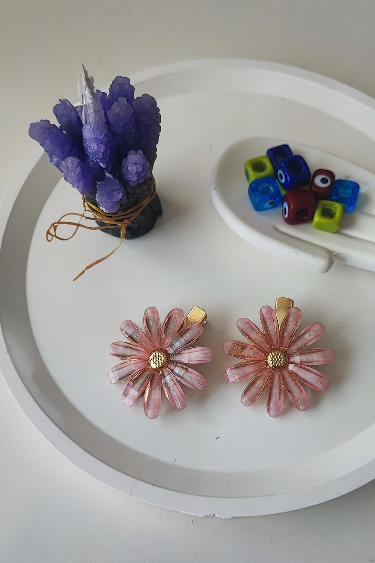 Açık Pembe Işıltılı Papatya Çiçek Toka Set 2 li ( Kıskaçlıdır ) 
