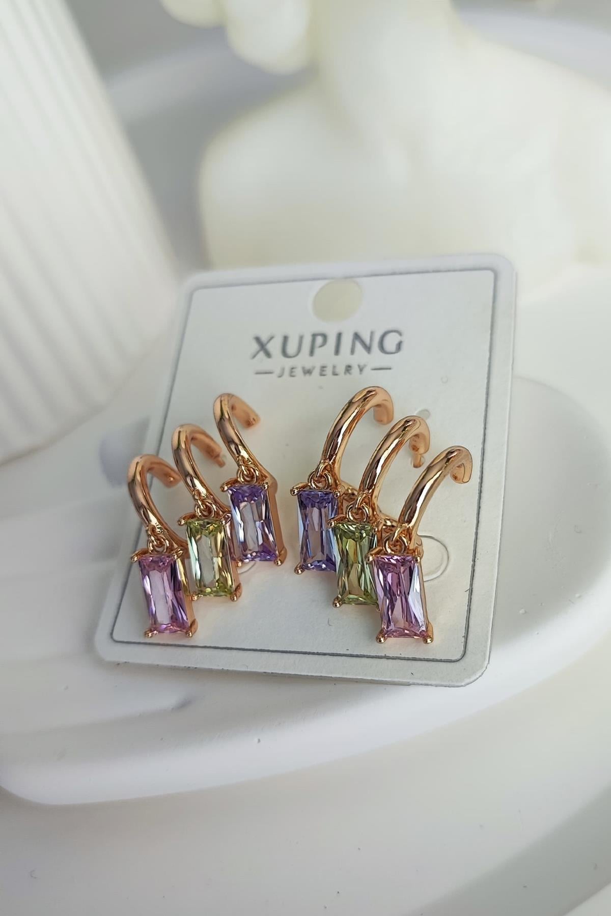 Altın Kaplama Zirkon Taşlı Tek Delik Çoklu Model Küpe-Altın Renk