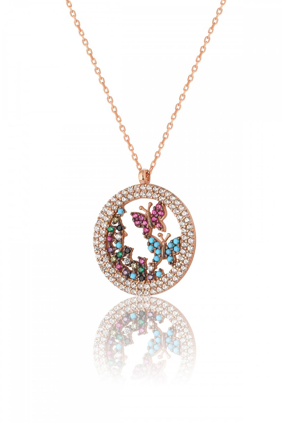 Gümüş Renkli Zirkon Taşlı Rose kaplama Özgür Kelebekler Modeli Kolye