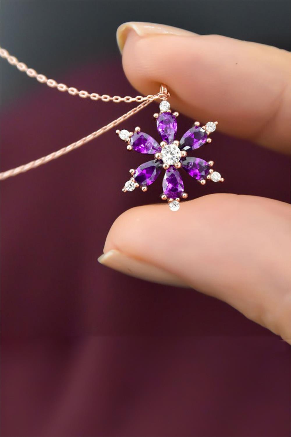 Gümüş Zincirli Ametist taşlı Rose kaplama Lotus Kamelya Çiçeği kolye