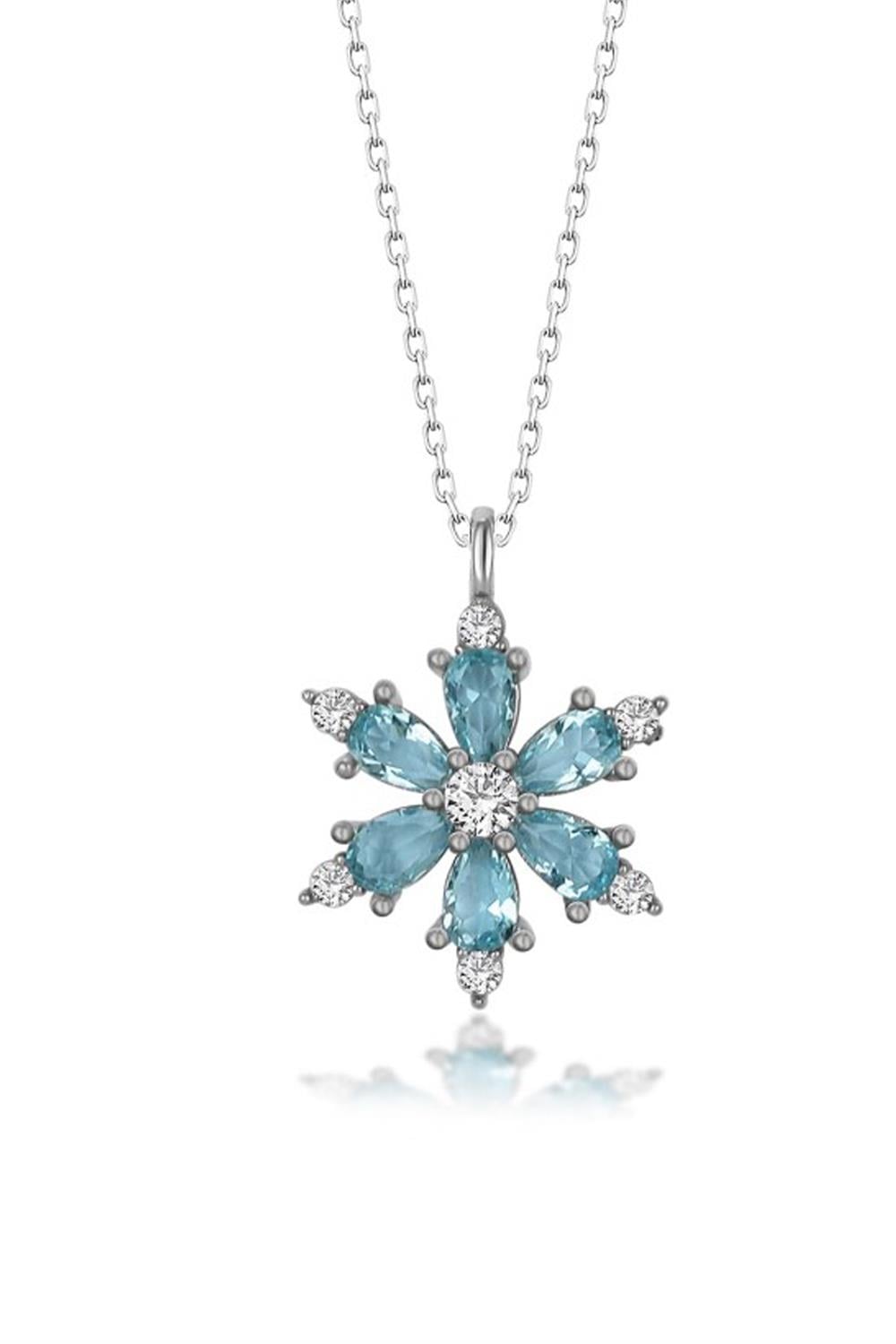 Gümüş Zincirli Aqua taşlı Lotus kaplama Kamelya Çiçeği kolye