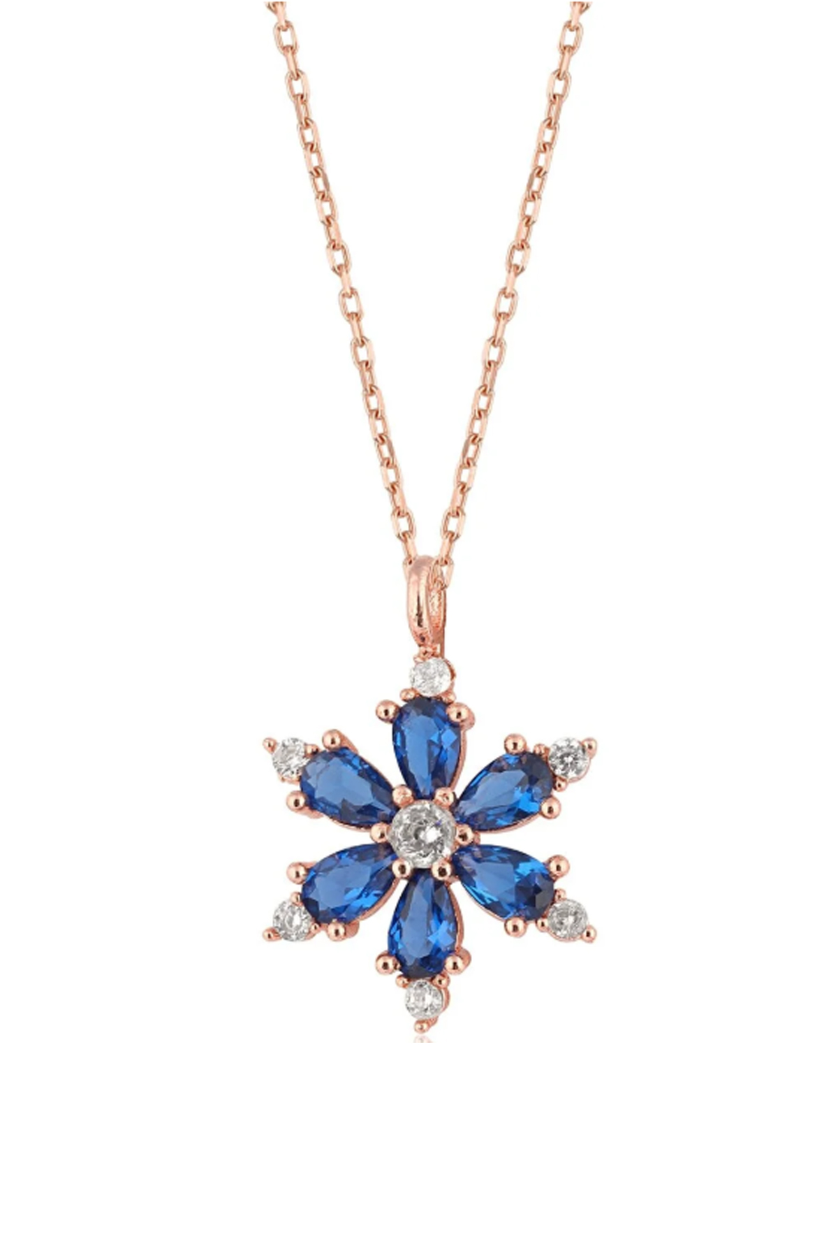 Gümüş Zincirli Mavi taşlı Rose kaplama Lotus Kamelya Çiçeği kolye