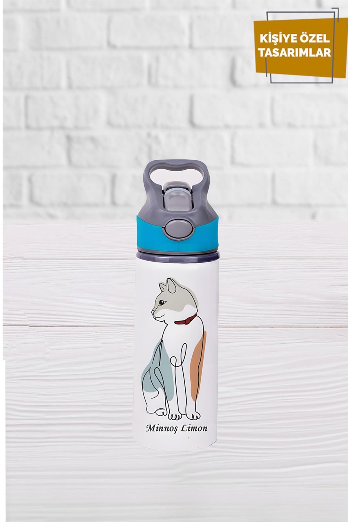 Kedi Baskılı Pipetli Su Matarası - 650 mlt