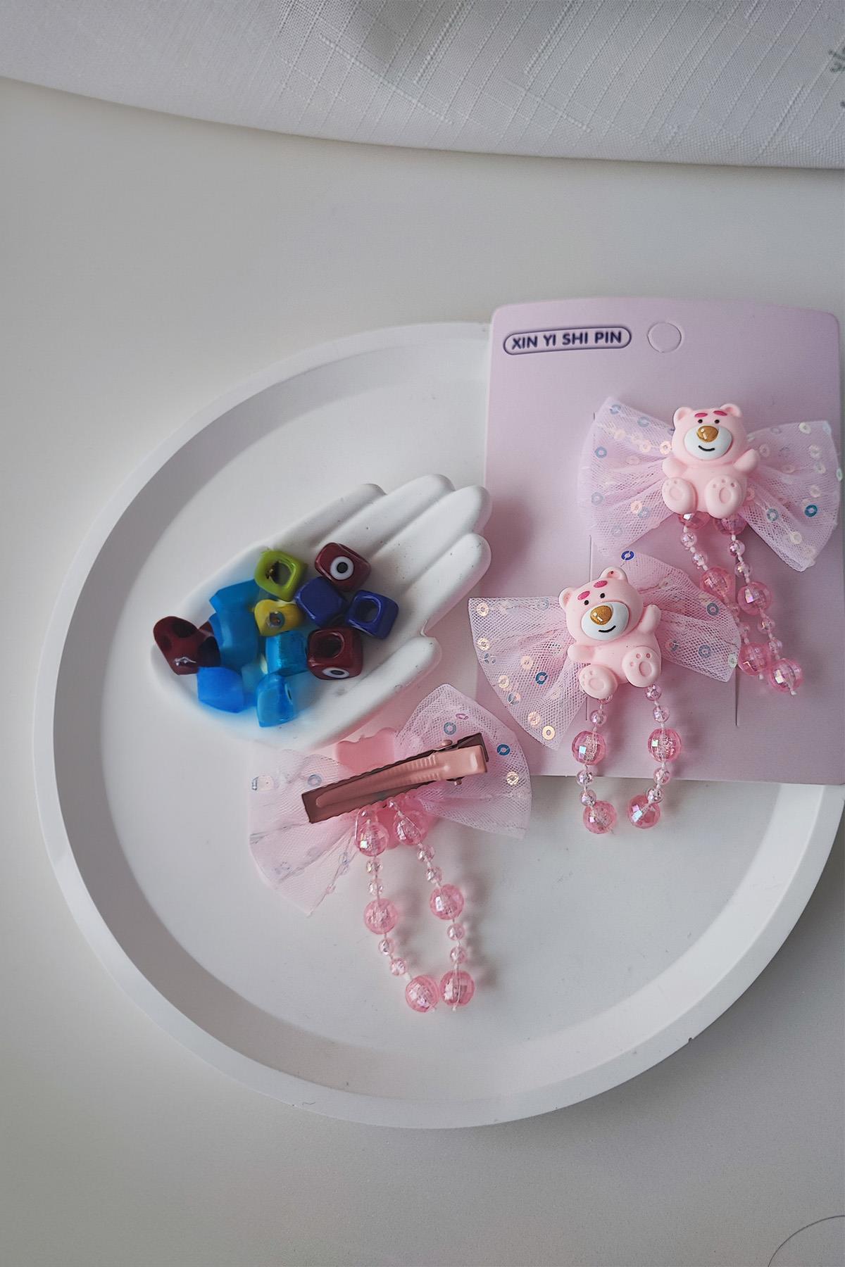 Kız Çocuk Pembe Renk Sevimli Ayıcık Figür Boncuklu Kurdela Model Toka Seti 2 li (2 adettir) Kıskaçlıdır