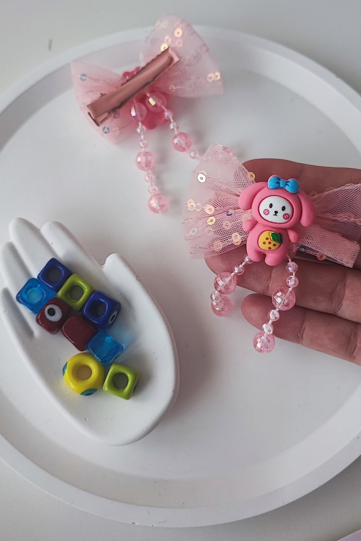 Kız Çocuk Pembe Renk Sevimli Tavşan Figür Boncuklu Kurdela Model Toka Seti 2 li (2 adettir) Kıskaçlıdır