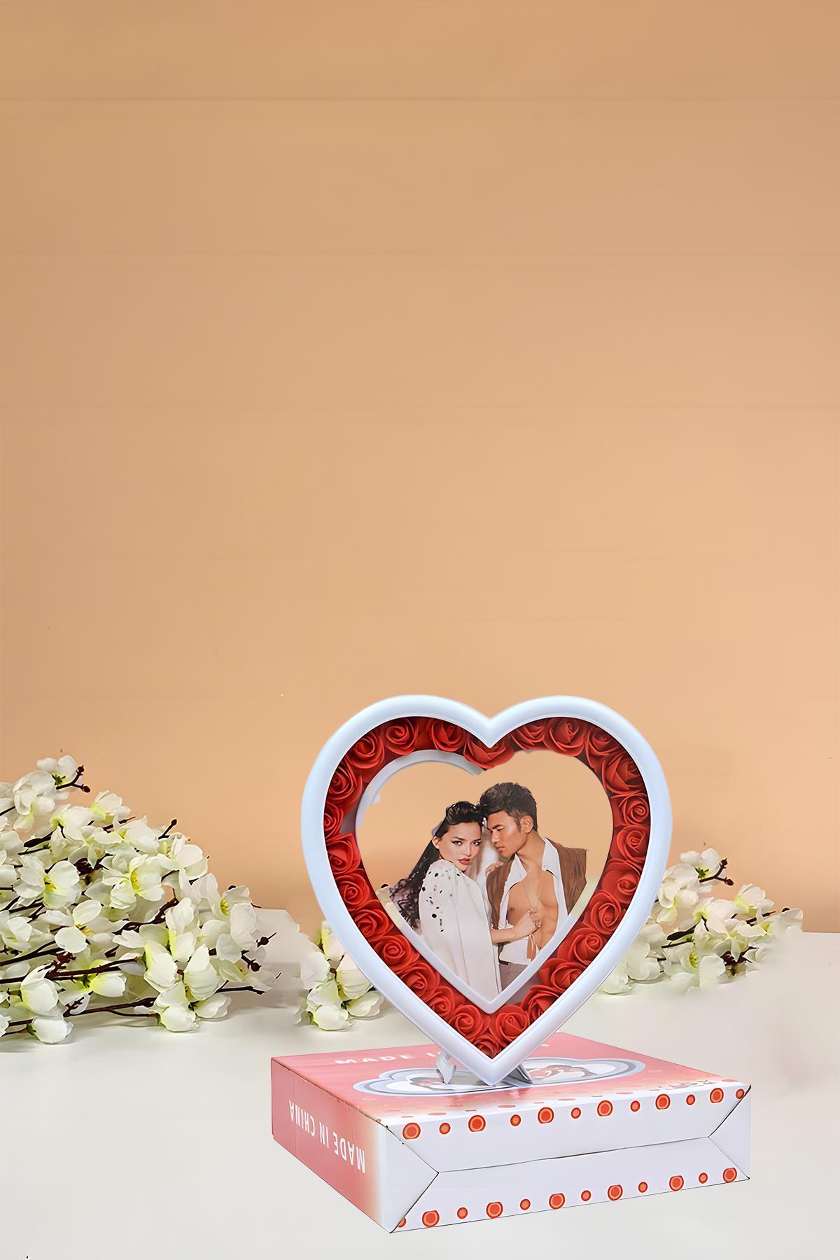 Led Işıklı Güllü Kalp Fotoğraf Çerçevesi