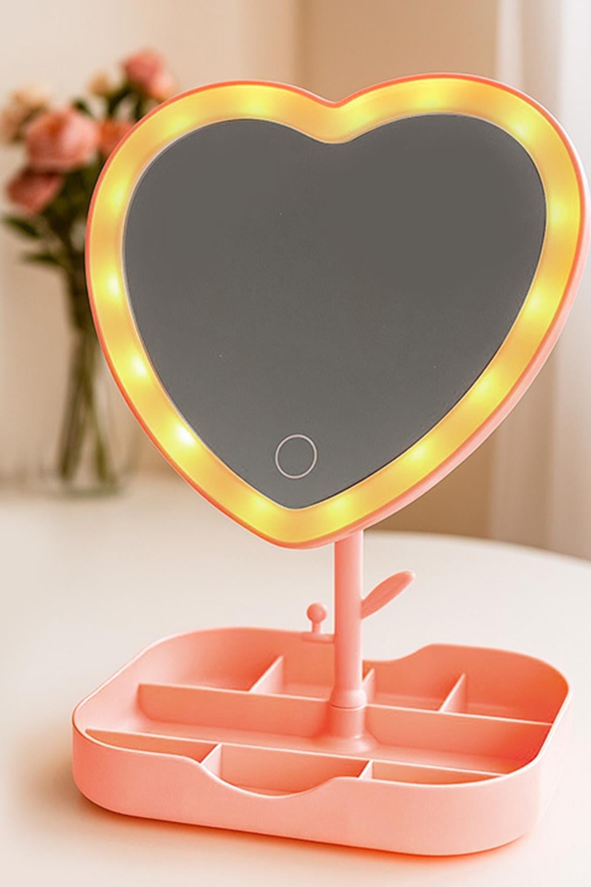 Led Işıklı Pembe Kalpli Organizer Makyaj Aynası