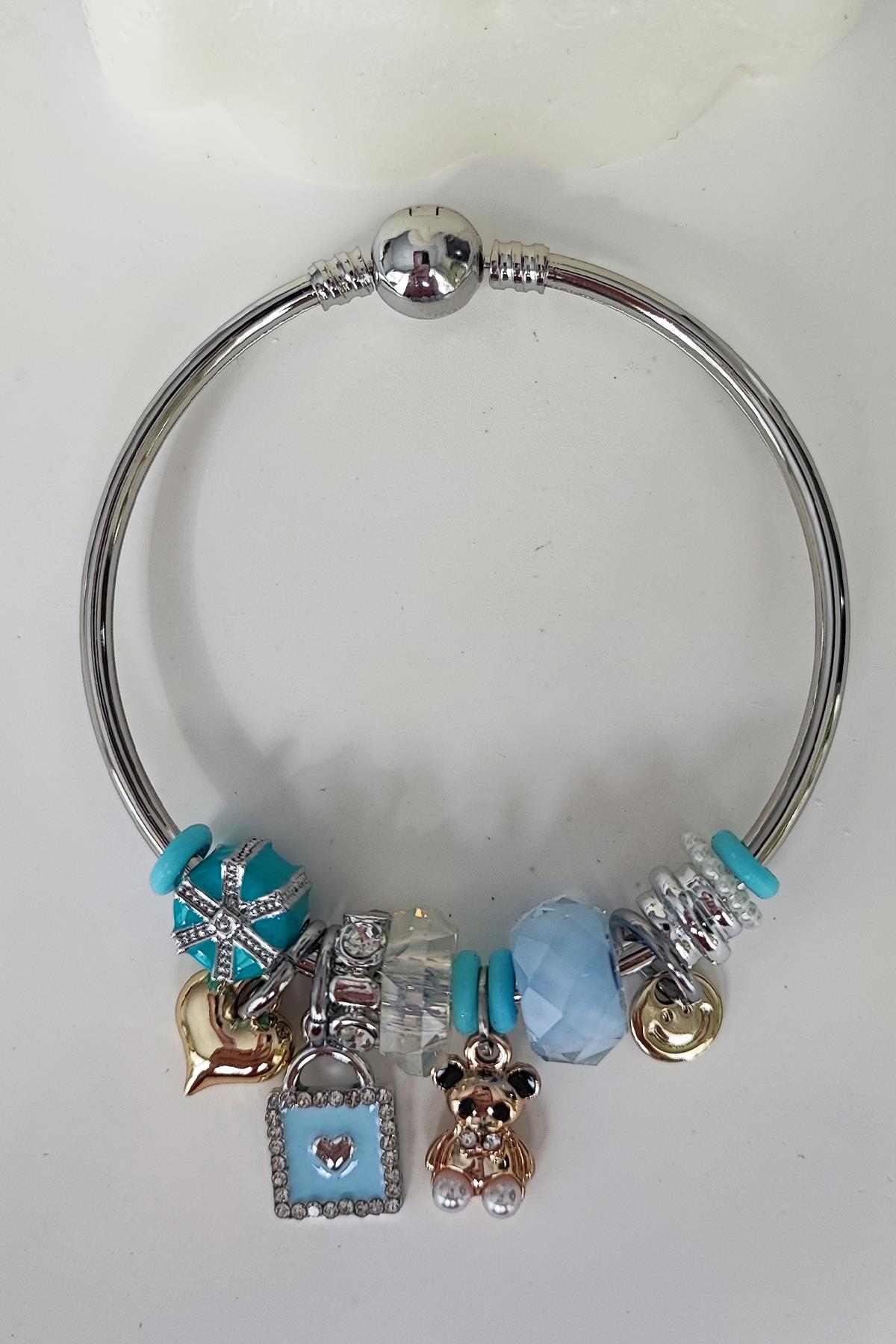 Mavi Charmlı Ayıcıklı Pandora Model Klipsli Bileklik-Gümüş Renk