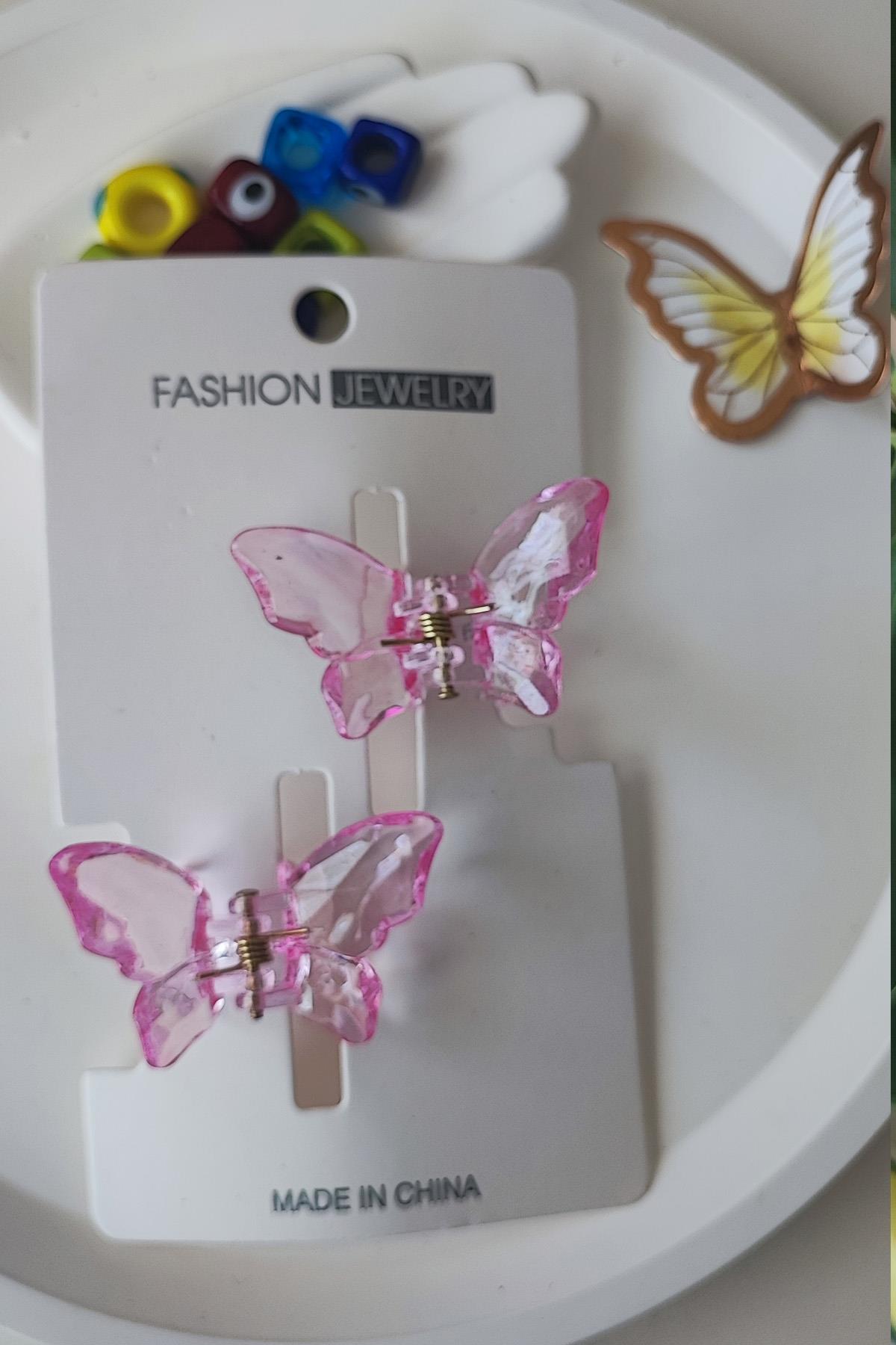 Pembe Kristal Görünümlü kelebek Toka Seti 2 Li ( 2 orta boy ) Hafiftir