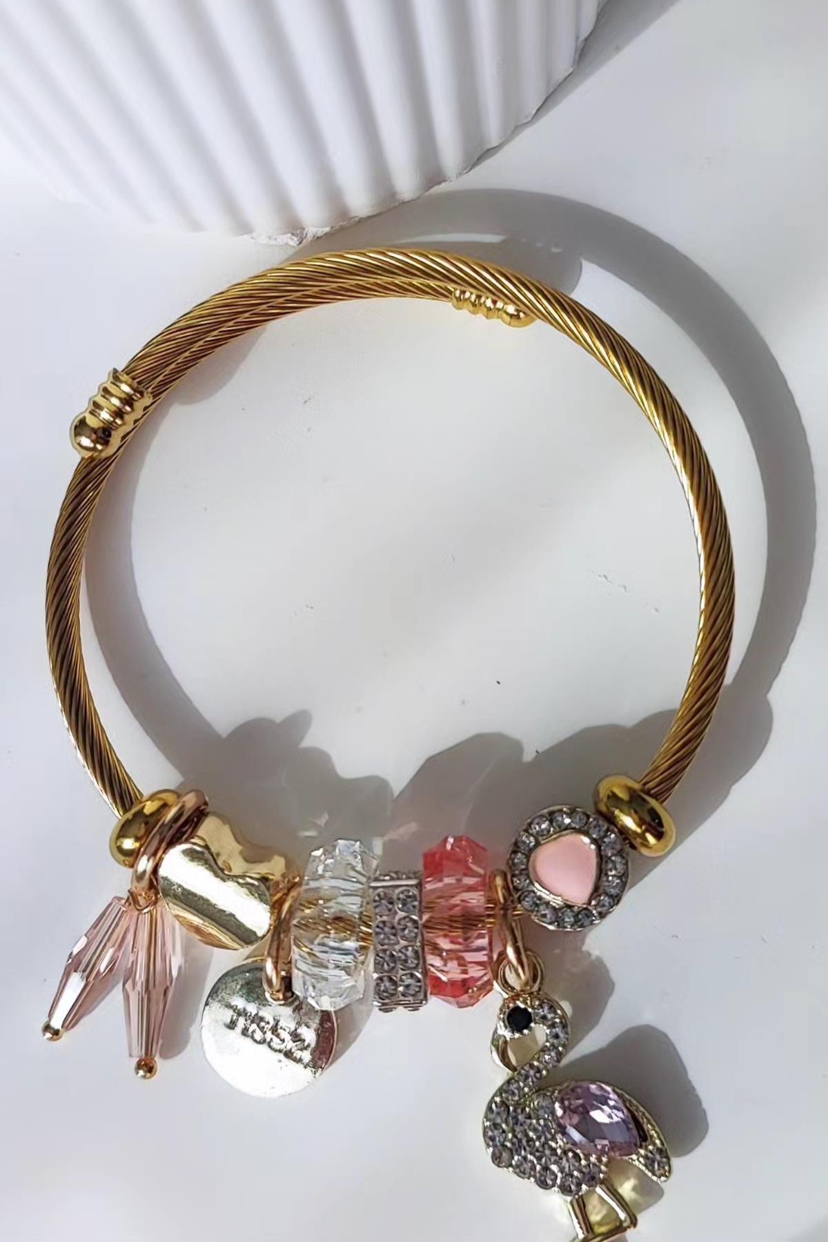 Pembe Kuş Figürlü Pandora Model Çelik Halka Bileklik-Altın Renk