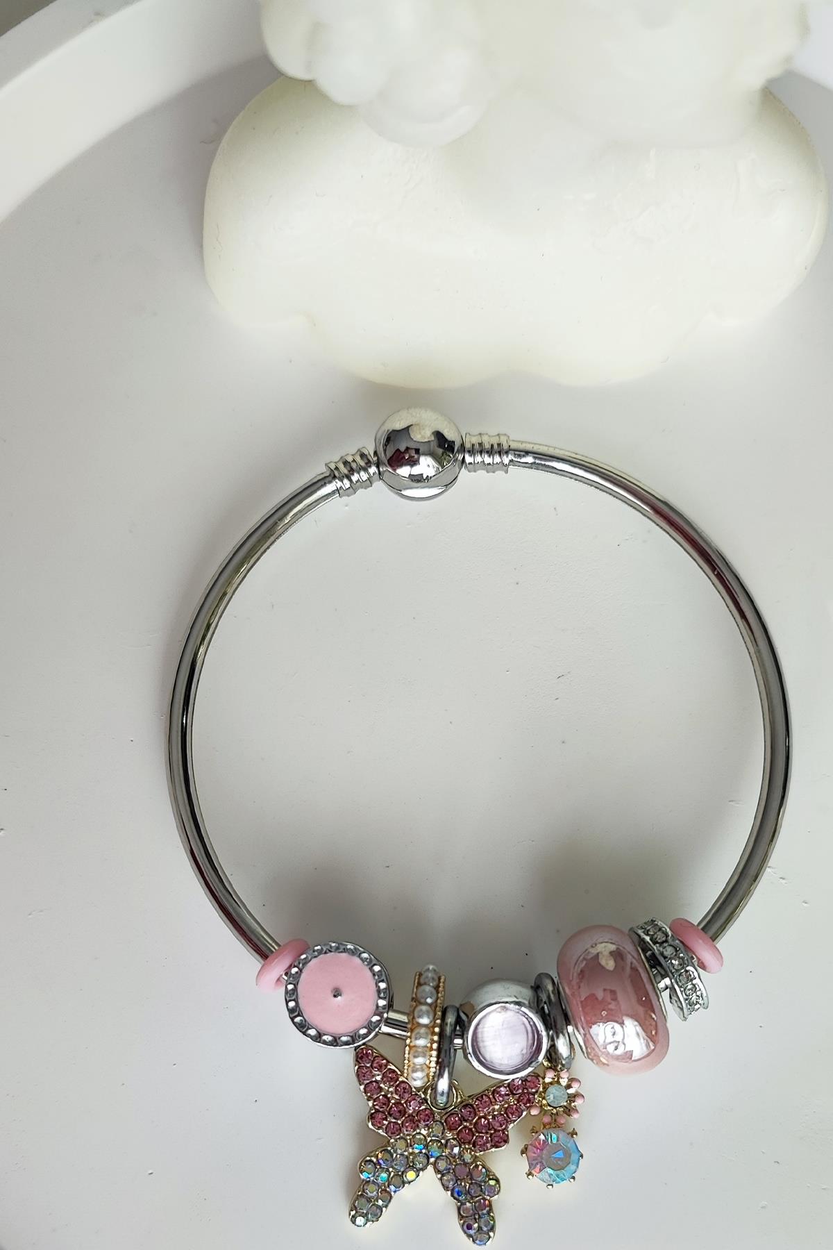 Pembe Taşlı Kelebek Figürlü Pandora Model Klipsli Bileklik-Gümüş Renk