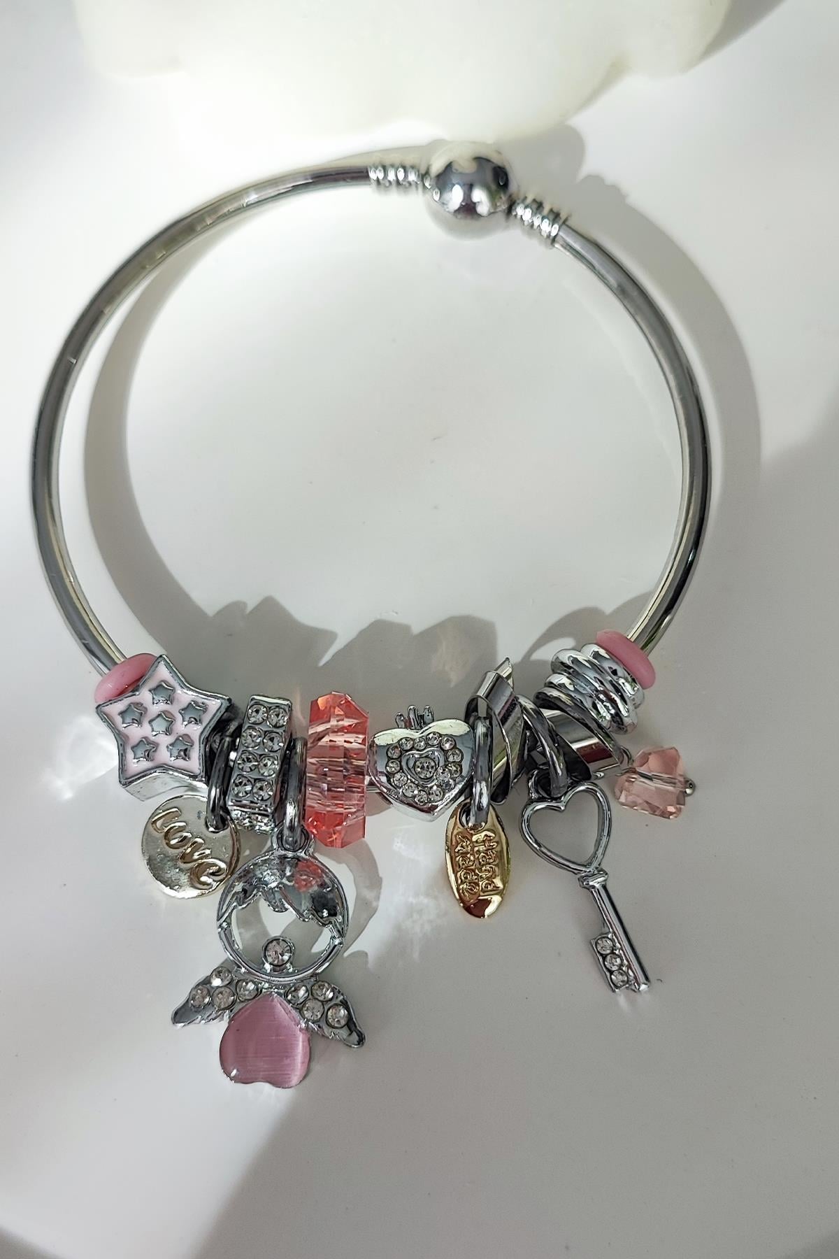 Pembe Taşlı Melek Figürlü Pandora Model Klipsli Bileklik-Gümüş Renk
