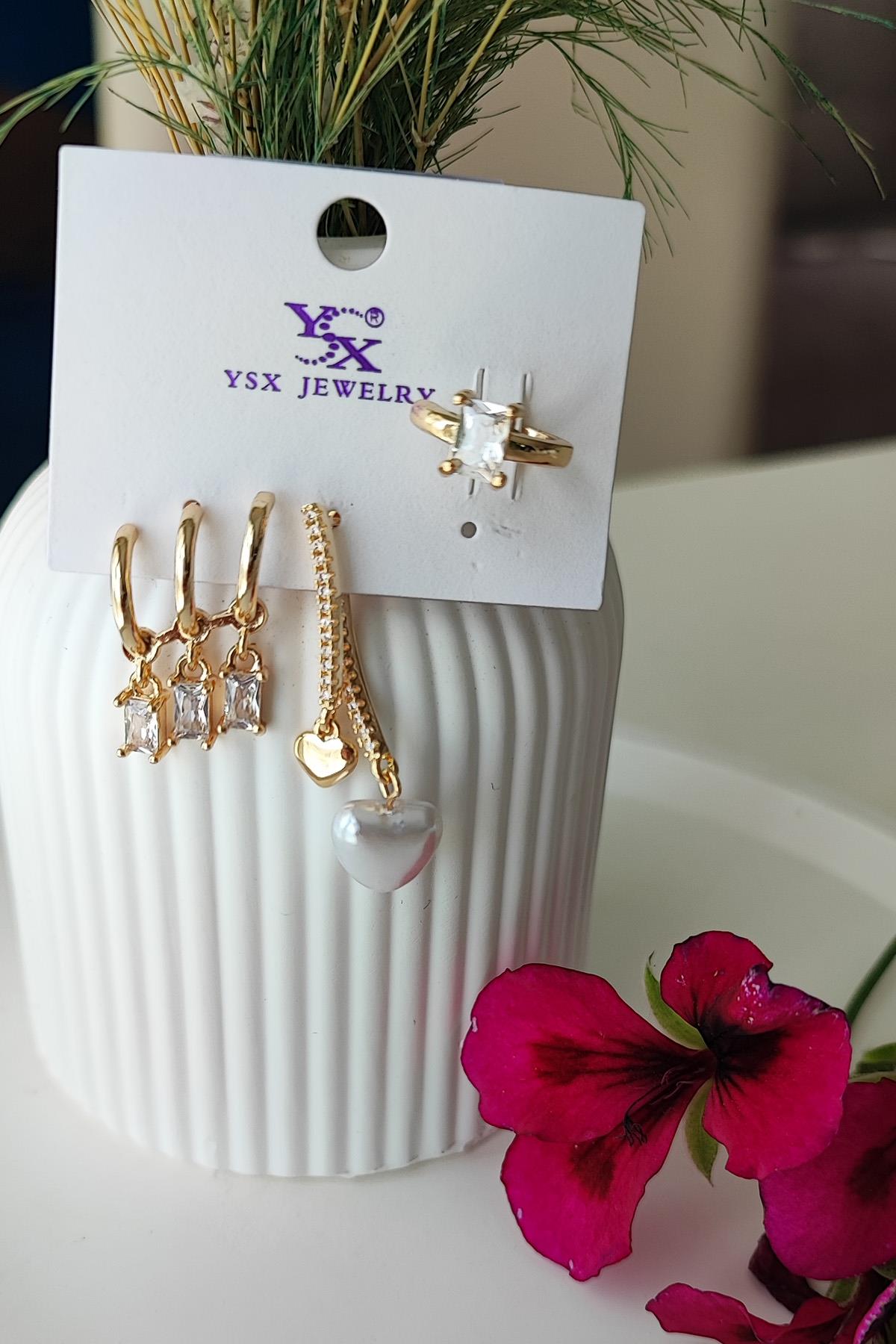 Tasarım Gold Çelik Set ( tek delik çoklu görünümlü küpe-kıkırdak küpe-incili sallantılı Küpe)