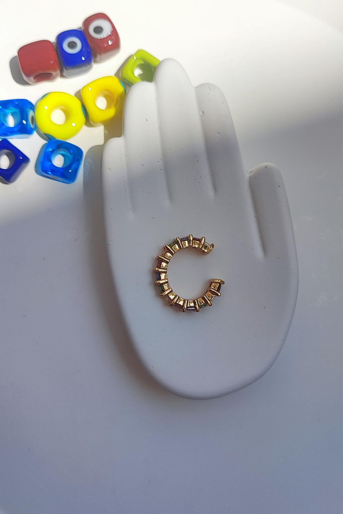 Tasarım Zirkon Taşlı Sallantılı Kıkırdak Çelik Küpe 1,5 cm -Altın Renk