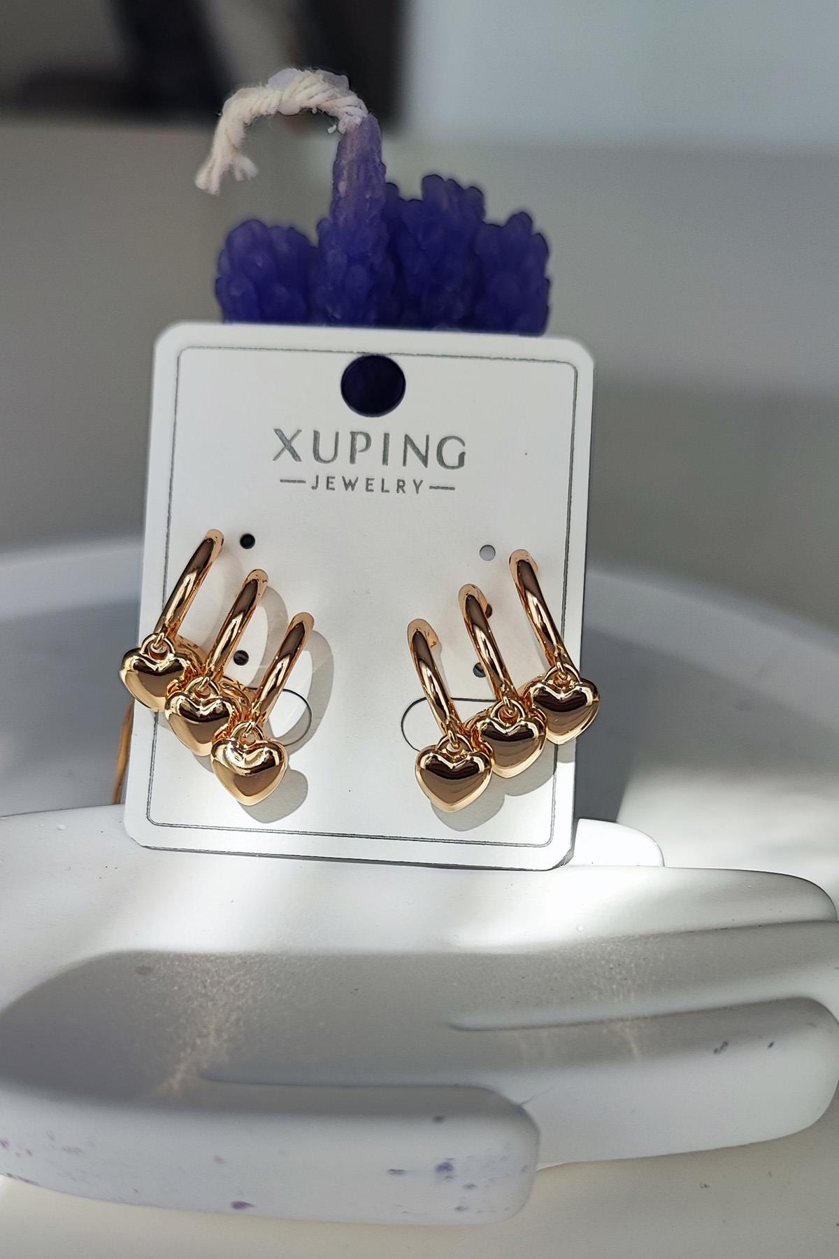 Tek Delikli Üçlü Görünüm Minik Kalp Model Çelik Küpe-Altın renk