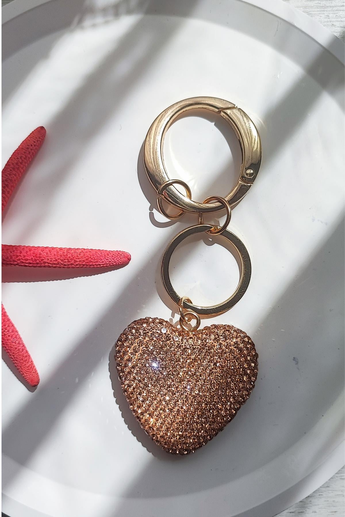 Zirkon Taşlı Pastel Nude-Gold Renk Kalp Model Çanta Aksesuarı Ve Anahtarlık