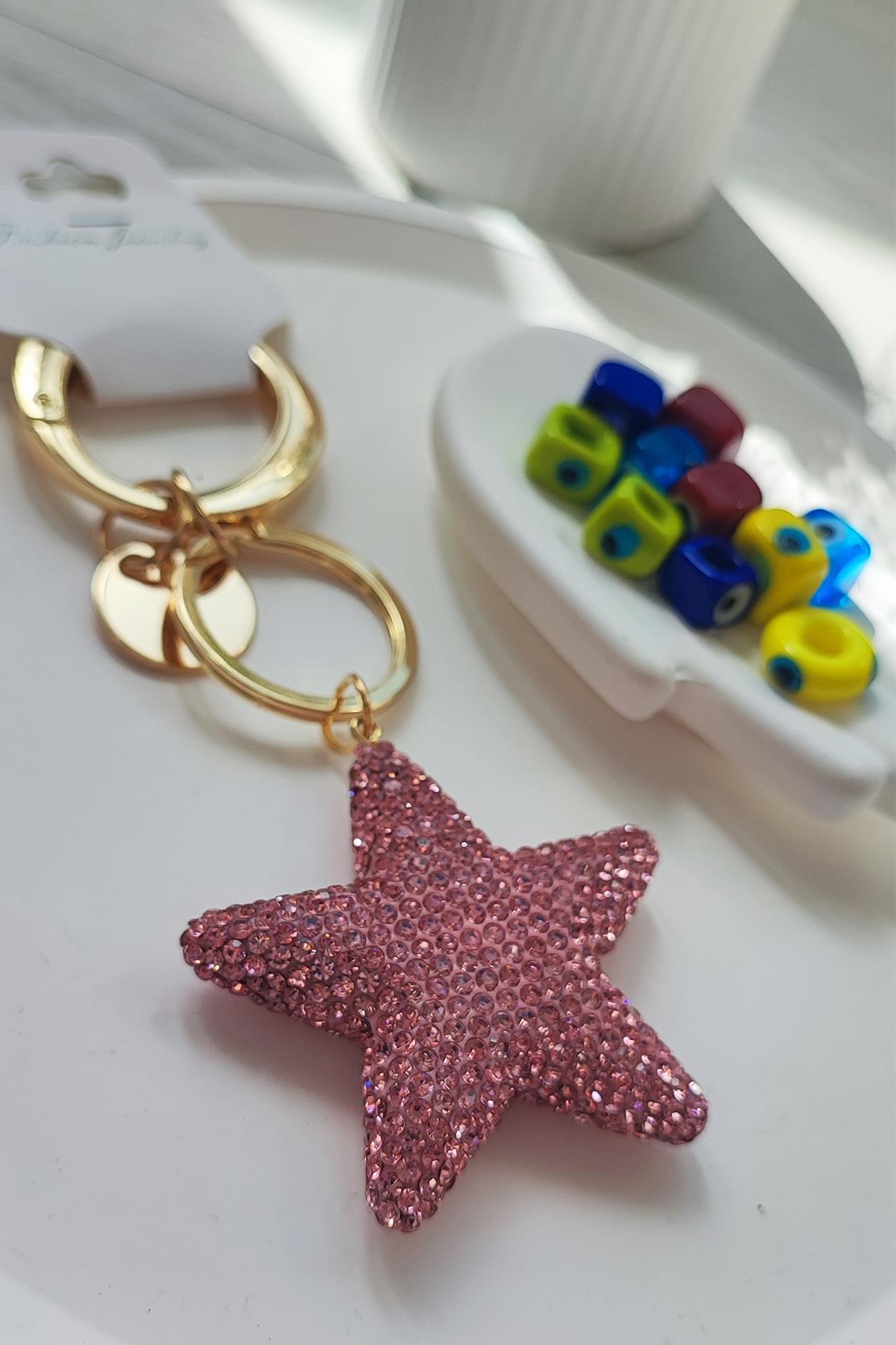 Zirkon Taşlı Pembe Renk Yıldız Model Çanta Aksesuarı ve Anahtarlık