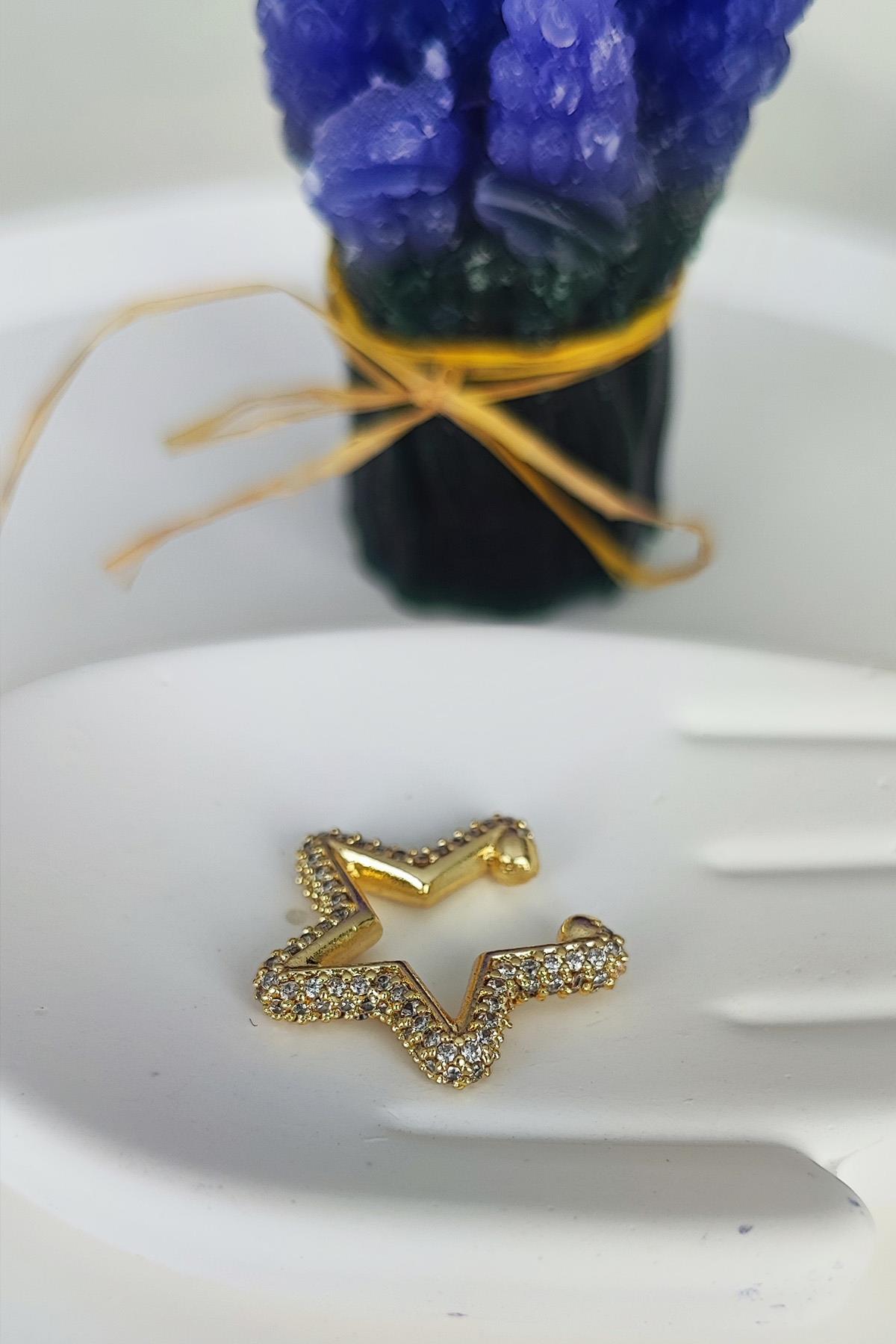 Zirkon Taşlı Yıldız EARCUFF Kıkırdak Küpe -Altın Renk