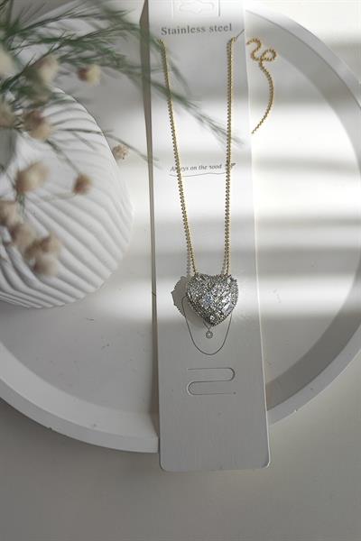 Kristal ve Zirkon Taşlı Büyük Kalp Model İnce Zincirli Tasarım Çelik Kolye-Çift Renk