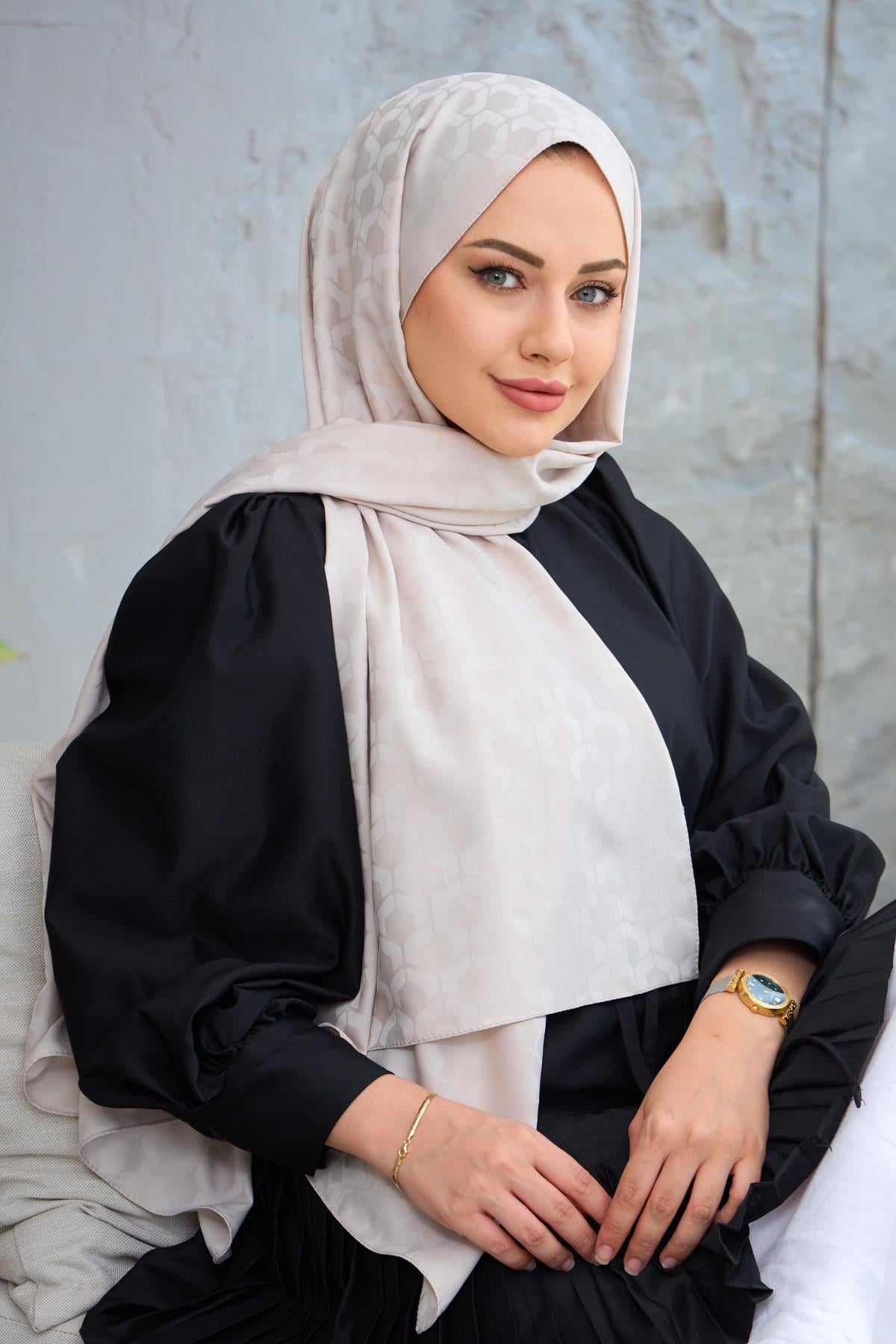 Açık Vizon Mozaik Desen İpeksi Jakar Şal