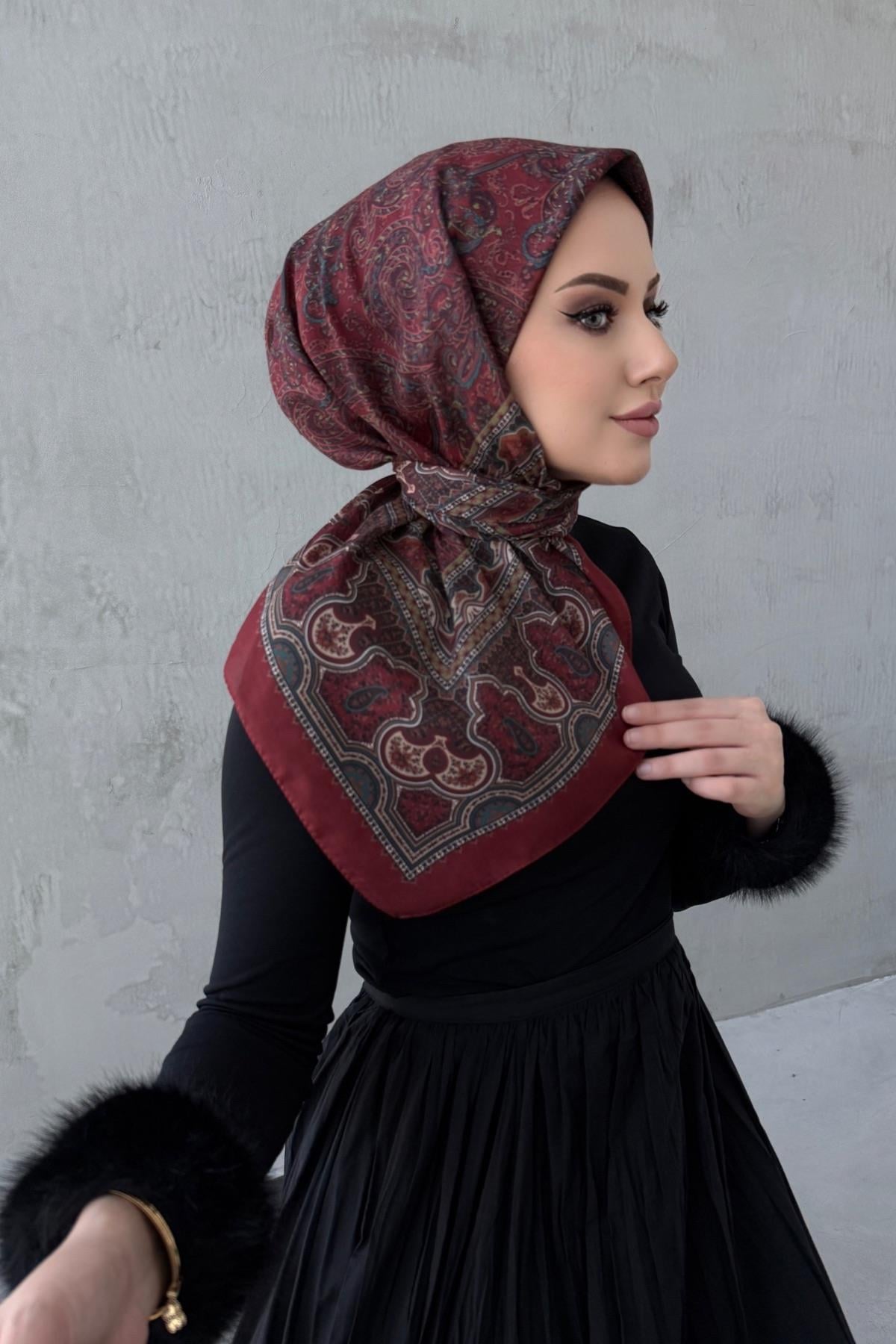 Bordo Ahu Bohem Modal İpek Eşarp