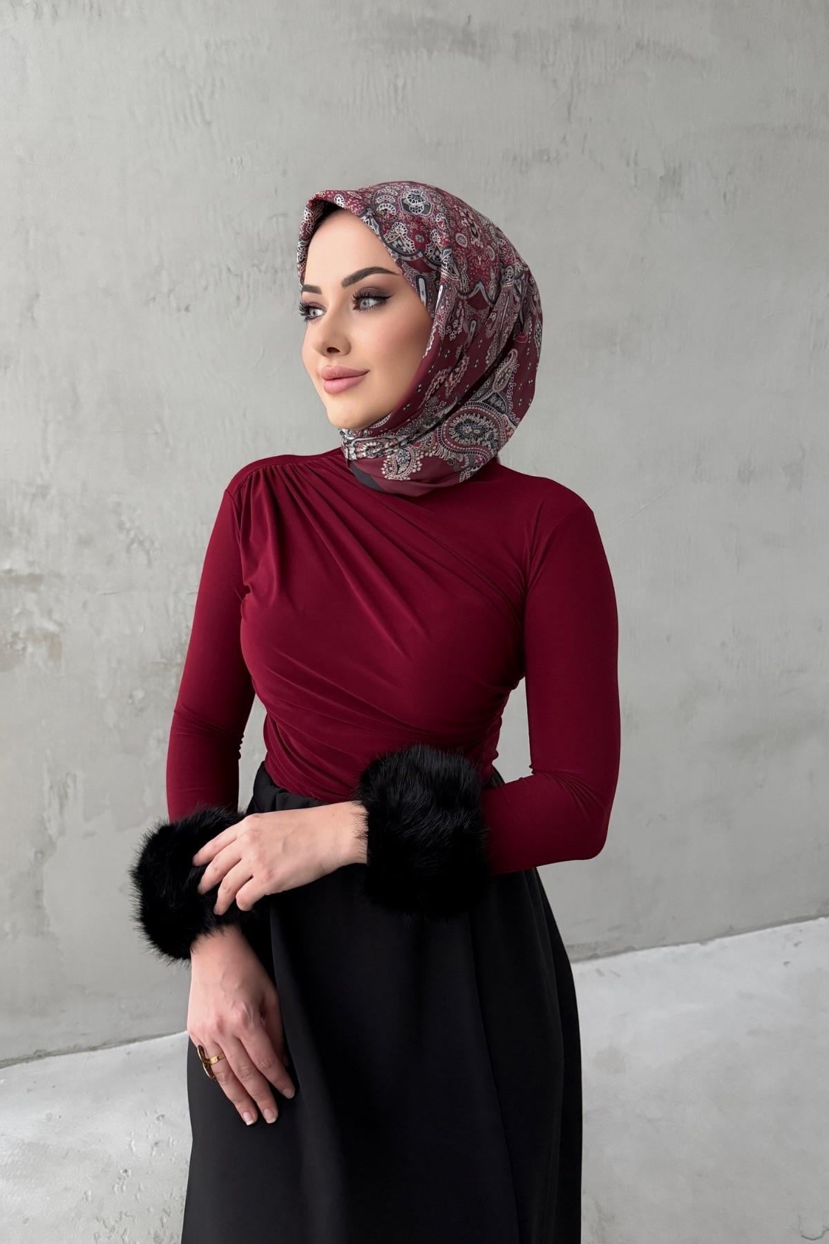 Bordo Drape Kürklü Badi ( S-M-L) Uyumlu
