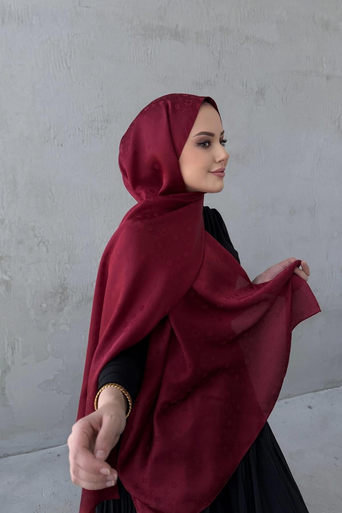 Bordo Liya Desenli İpeksi Jakar Şal
