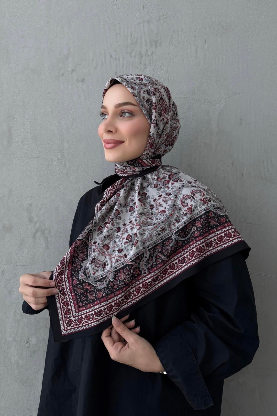 Bordo&Gri Bohem Modal İpek Eşarp