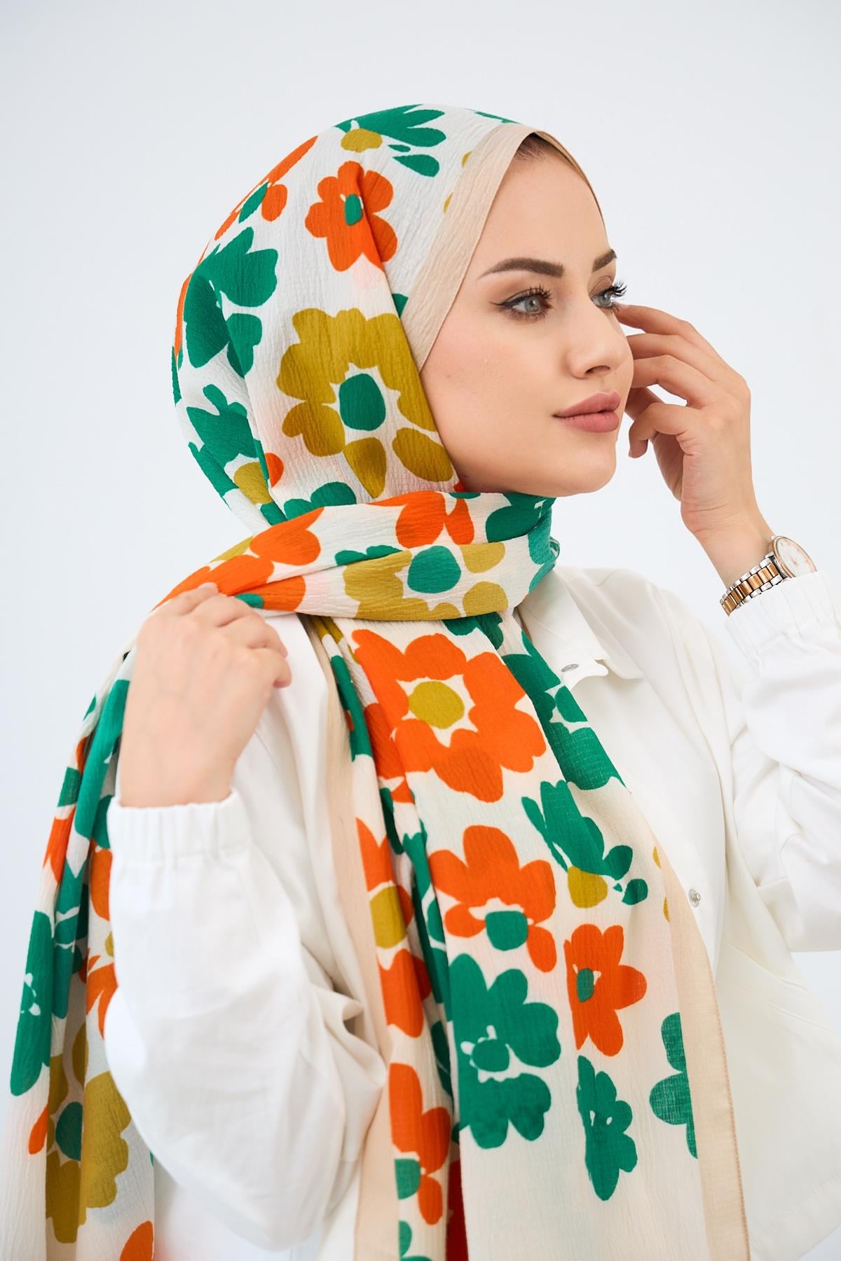 Çiçek Desen Naturel Şal Renkli