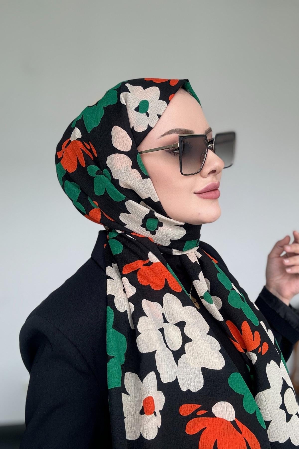 Çiçek Desen Naturel Şal Siyah Turuncu