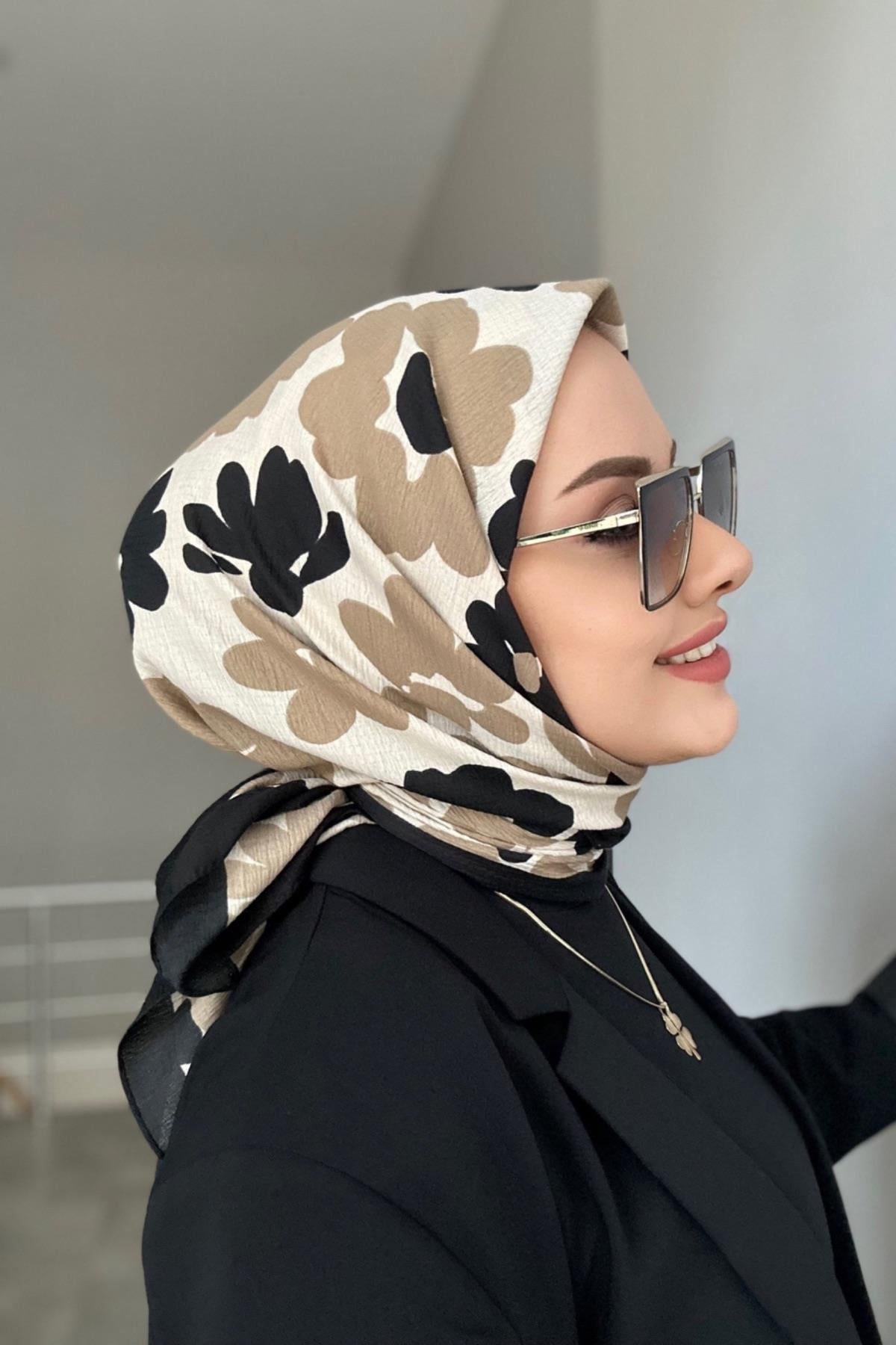 Çiçek Naturel Eşarp Vizon Siyah