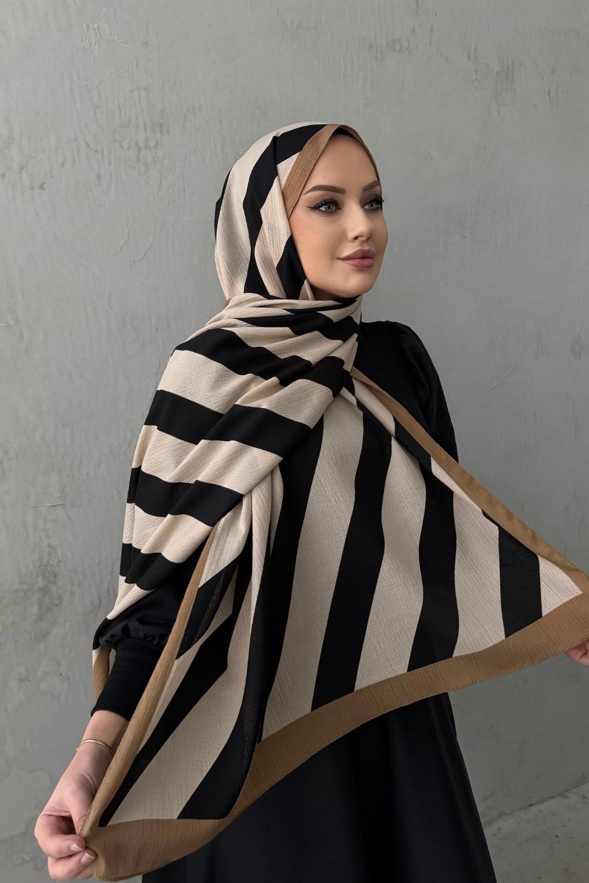 Çizgi Desen Cotton Şal Bej