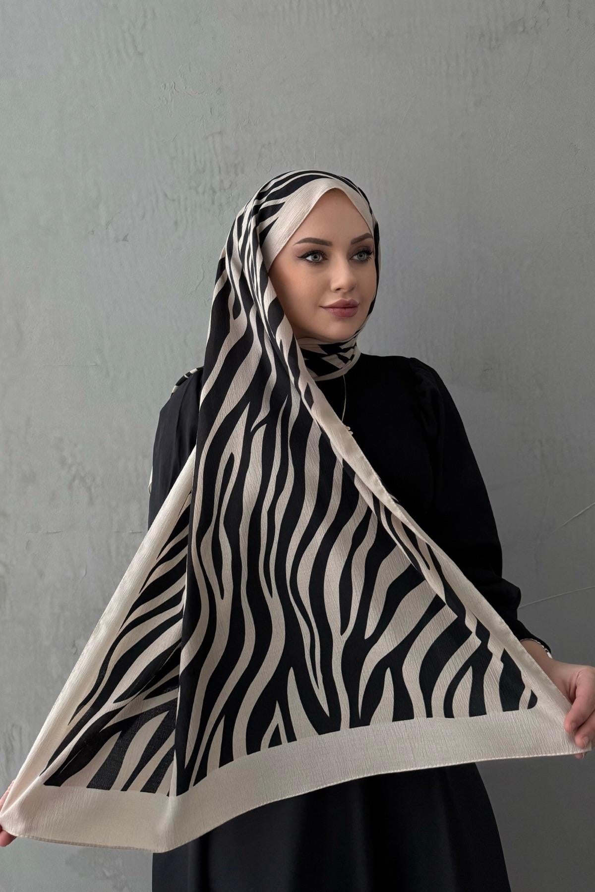 Çizgi Desen Cotton Şal Bej Siyah